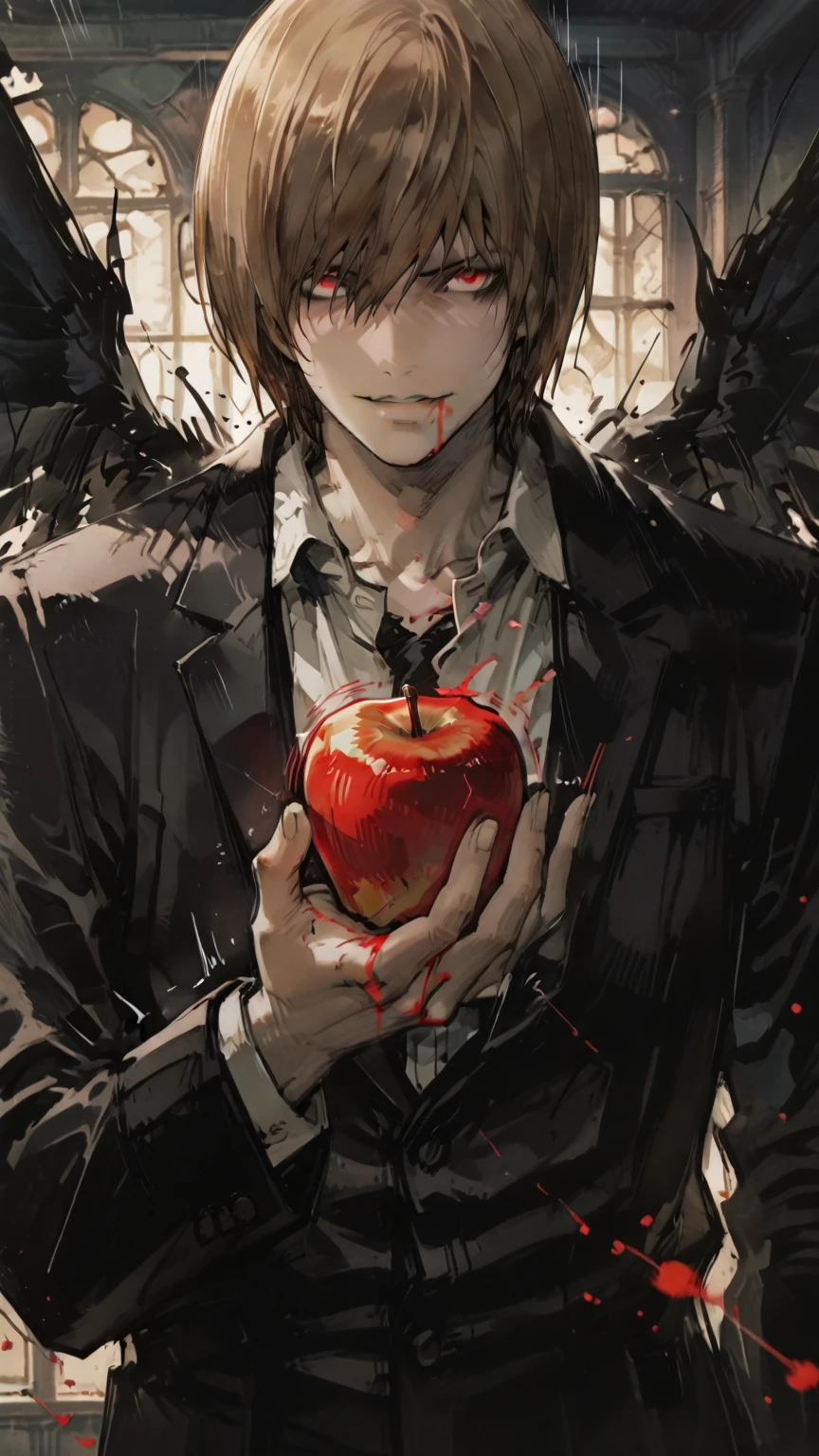 (score_9,score_8_up,score_7_up) LIGHT YAGAMI, DEATH NOTE, 1 MAN, EVIL SMILE ,), ,,extremely detailed,dynamic lighting,best quality,,,best quality,high quality,, , dynamic angle, , thick thighs, motion lines,, , solo, perfect eyes,,DETAIL,MASTERPIECE,,Expressiveh, ultra detailed,,,,very detailed,extremely detailed,dynamic lighting,best quality,(score_9,score_8_up,score_7_up), RED eyes, BROWN SHORT HAIR SPIKY hair, , BODY TYPE SLIM,,extremely detailed,dynamic lighting,best quality, pale skin, LIGHT YAGAMI, DEATH NOTE, LIGHT YAGAMI, WITH APPLE IN HIS HAND, MALICIOUS SMILE, DARK LOOK, RED EYES, IN SUIT WITH BLACK WINGS , DARK ATMOSPHERE, LIGHT YAGAMI, WITH APPLE IN HIS HAND, MALICIOUS SMILE, DARK LOOK, RED EYES, IN SUIT, DARK ATMOSPHERE, anime, male, holding, apple, with, wings, and, blood,, light yagami, yagami light, 4 k manga wallpaper, death note style, death note, 4k anime wallpaper, high quality fanart, with apple, high definition anime art, anime art wallpaper 4 k, anime art wallpaper 4k, anime art wallpaper 8 k, anime wallpaper 4 k
