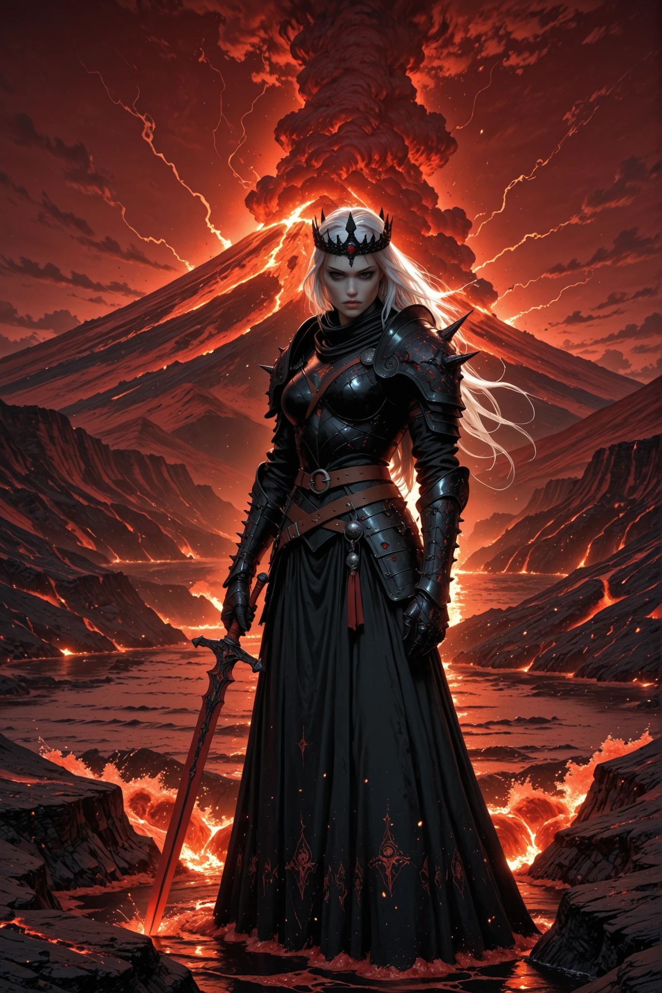 A hyperrealistic digital illustration of a woman standing on waves of lava under a bright black and red sky with scattered clouds and falling meteors. She has pale skin, long white hair, hollow-set, pitch-black eyes, and an almost demonic visage. She wears a black crown with intricate designs and spikes. She wears black medieval-style armor, including a black tunic with a black breastplate and gauntlets, and a brown belt with a sword scabbard. She holds a long, fiery-red sword in her right hand, raised above her head, with a fierce and terrifying expression. Lava splashes from her legs, adding a dynamic sense of movement. In the background, an erupting volcano can be seen. The scene combines dark fantasy and horror.