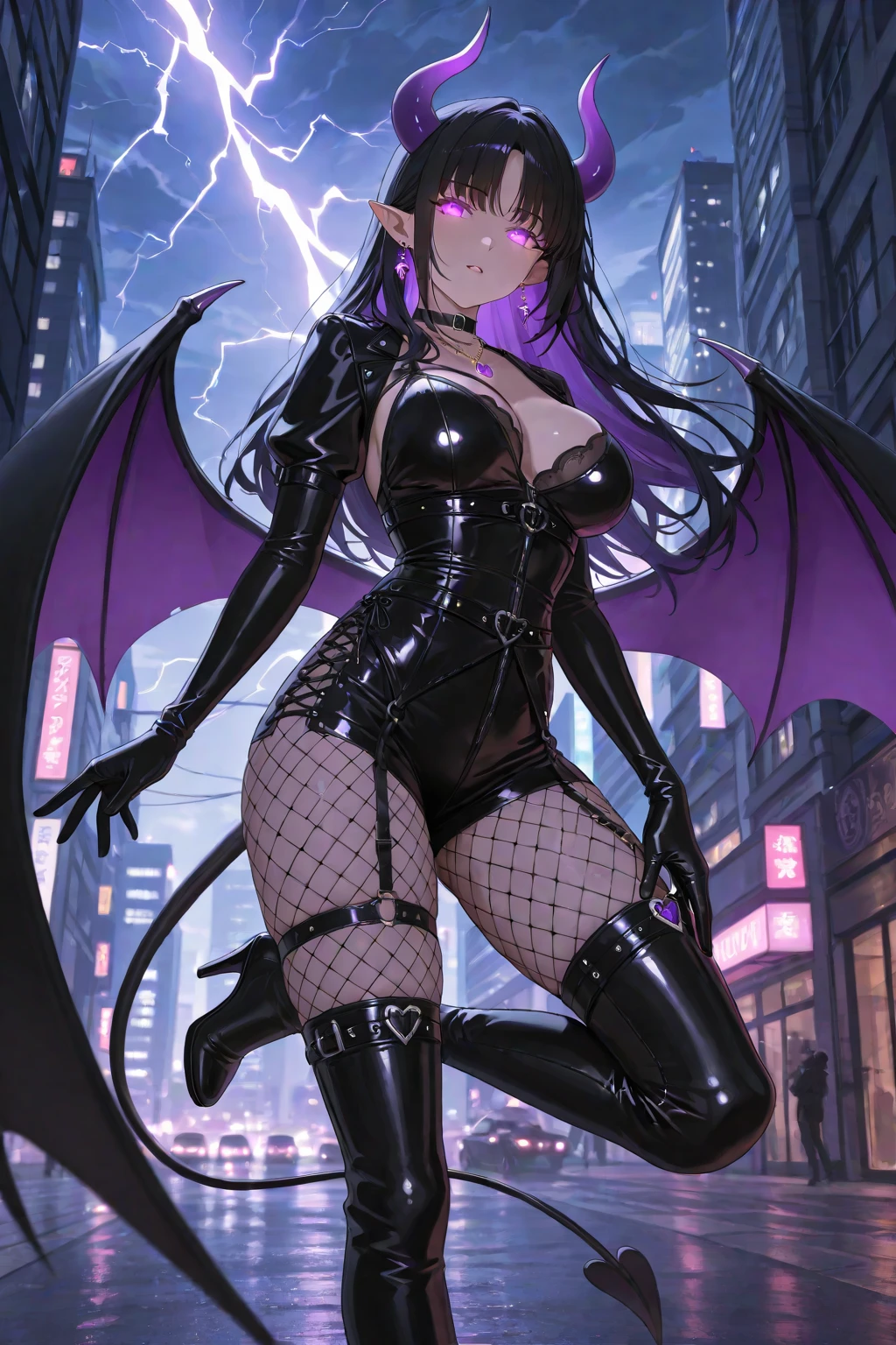 Lisa Ann as a hyper-giant, Hyper-powerful demon with a demon horn on its head and demon wings, and throws purple lightning bolts at a building, ville en ruine post apocalyptique,