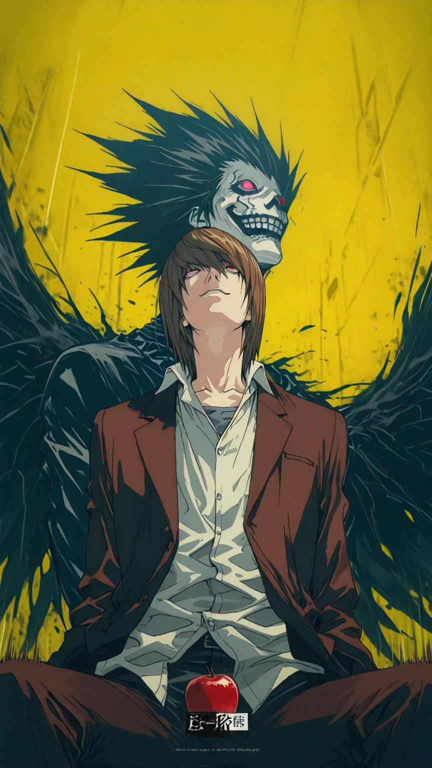 (score_9,score_8_up,score_7_up) LIGHT YAGAMI, DEATH NOTE, 1 MAN, EVIL SMILE ,), ,,extremely detailed,dynamic lighting,best quality,,,best quality,high quality,, , dynamic angle, , thick thighs, motion lines,, , solo, perfect eyes,,DETAIL,MASTERPIECE,,Expressiveh, ultra detailed,,,,very detailed,extremely detailed,dynamic lighting,best quality,(score_9,score_8_up,score_7_up), RED eyes, BROWN SHORT HAIR SPIKY hair, , BODY TYPE SLIM,,extremely detailed,dynamic lighting,best quality, pale skin, LIGHT YAGAMI, DEATH NOTE, LIGHT YAGAMI, 
looking up sitting with black wings on his back sitting in front of a yellow background, yagami light with Ryuk death note behind him, light yagami, death note style, death note, anime masterpiece, trending anime art, anime style 4 k, epic anime style, trending anime artwork, anime cover, high quality anime artstyle, anime wallpaper 4k, anime wallpaper 4 k, anime poster, anime trending artwork , MALICIOUS SMILE, DARK LOOK, RED EYES, IN SUIT WITH BLACK WINGS , DARK ATMOSPHERE, LIGHT YAGAMI, , MALICIOUS SMILE, DARK LOOK, RED EYES, IN SUIT, DARK ATMOSPHERE, anime, male, , yagami light, 4 k manga wallpaper, death note style, death note, 4k anime takeshi obata wallpaper, high quality fanart, with apple, high definition anime art, anime art wallpaper 4 k, anime art wallpaper 4k, anime art wallpaper 8 k, anime wallpaper 4 k