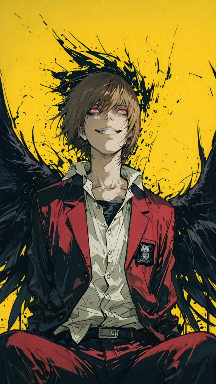 (score_9,score_8_up,score_7_up) LIGHT YAGAMI, DEATH NOTE, 1 MAN, EVIL SMILE ,), ,,extremely detailed,dynamic lighting,best quality,,,best quality,high quality,, , dynamic angle, , thick thighs, motion lines,, , solo, perfect eyes,,DETAIL,MASTERPIECE,,Expressiveh, ultra detailed,,,,very detailed,extremely detailed,dynamic lighting,best quality,(score_9,score_8_up,score_7_up), RED eyes, BROWN SHORT HAIR SPIKY hair, , BODY TYPE SLIM,,extremely detailed,dynamic lighting,best quality, pale skin, LIGHT YAGAMI, DEATH NOTE, LIGHT YAGAMI,
looking up sitting with black wings on his back sitting in front of a yellow background, yagami light with Ryuk death note behind him, light yagami, death note style, death note, anime masterpiece, trending anime art, anime style 4 k, epic anime style, trending anime artwork, anime cover, high quality anime artstyle, anime wallpaper 4k, anime wallpaper 4 k, anime poster, anime trending artwork , MALICIOUS SMILE, DARK LOOK, RED EYES, IN SUIT WITH BLACK WINGS , DARK ATMOSPHERE, LIGHT YAGAMI, , MALICIOUS SMILE, DARK LOOK, RED EYES, IN SUIT, DARK ATMOSPHERE, anime, male, , yagami light, 4 k manga wallpaper, death note style, death note, 4k anime takeshi obata wallpaper, high quality fanart, with apple, high definition anime art, anime art wallpaper 4 k, anime art wallpaper 4k, anime art wallpaper 8 k, anime wallpaper 4 k