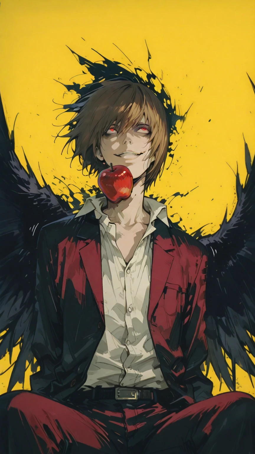 (score_9,score_8_up,score_7_up) LIGHT YAGAMI, DEATH NOTE, 1 MAN, EVIL SMILE ,), ,,extremely detailed,dynamic lighting,best quality,,,best quality,high quality,, , dynamic angle, , thick thighs, motion lines,, , solo, perfect eyes,,DETAIL,MASTERPIECE,,Expressiveh, ultra detailed,,,,very detailed,extremely detailed,dynamic lighting,best quality,(score_9,score_8_up,score_7_up), RED eyes, BROWN SHORT HAIR SPIKY hair, , BODY TYPE SLIM,,extremely detailed,dynamic lighting,best quality, pale skin, LIGHT YAGAMI, DEATH NOTE, LIGHT YAGAMI,
looking up sitting with black wings on his back sitting in front of a yellow background, yagami light with Ryuk death note behind him, light yagami, death note style, death note, anime masterpiece, trending anime art, anime style 4 k, epic anime style, trending anime artwork, anime cover, high quality anime artstyle, anime wallpaper 4k, anime wallpaper 4 k, anime poster, anime trending artwork , MALICIOUS SMILE, DARK LOOK, RED EYES, IN SUIT WITH BLACK WINGS , DARK ATMOSPHERE, LIGHT YAGAMI, , MALICIOUS SMILE, DARK LOOK, RED EYES, IN SUIT, DARK ATMOSPHERE, anime, male, , yagami light, 4 k manga wallpaper, death note style, death note, 4k anime takeshi obata wallpaper, high quality fanart, with apple, high definition anime art, anime art wallpaper 4 k, anime art wallpaper 4k, anime art wallpaper 8 k, anime wallpaper 4 k