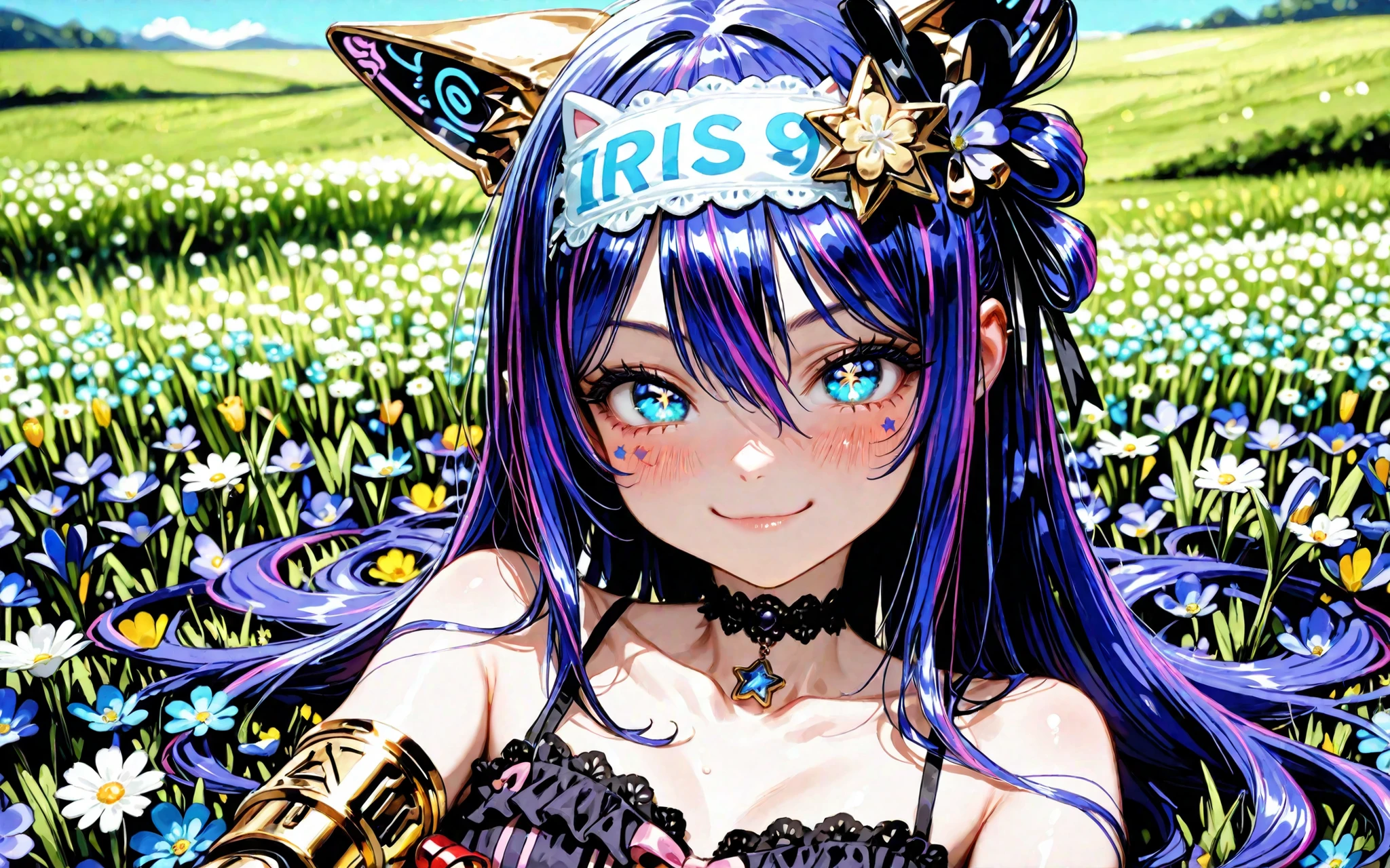 SFW, cute anime girl, solo.
8:5 landscape (1440x900), head-and-shoulders portrait:1.95, tight head framing but no cutting off, face fills frame:1.45,
oblique top-down POV:1.55, forced perspective (big face, small body):1.50, camera very close to face:1.35,
full head in frame, cat-ear headband tips visible:1.50, no crop,
closed-mouth sweet smile, gentle blush, soft even facial lighting, eyes in sharp focus:1.60, shallow DOF,
Eyes: clear sclera:1.60, crisp pupil:1.50, bold limbal ring,
Hoshino-Ai–inspired five-point iris starburst — iris only:1.95, star highlights inside iris only:1.80, dual catchlights,
Hair: jet-black (#0b0b0b) glossy:1.20, neat bangs, hair not covering face,
Accessories: cat-ear headband (decorative only; human ears visible):1.55, lace choker, small bows,
Outfit: sweet-goth lolita, opaque and modest, sleeveless, **bare shoulders nicely framed:1.45**, modest neckline (collarbone focus),
Background: wide natural meadow with real wildflowers only (daisies, chamomile, buttercups, cornflowers, forget-me-nots), blue sky, distant hills, **no man-made objects**,
Color: vivid but clean, high chroma, rich midtones, preserved highlights, proper exposure, filmic tone mapping