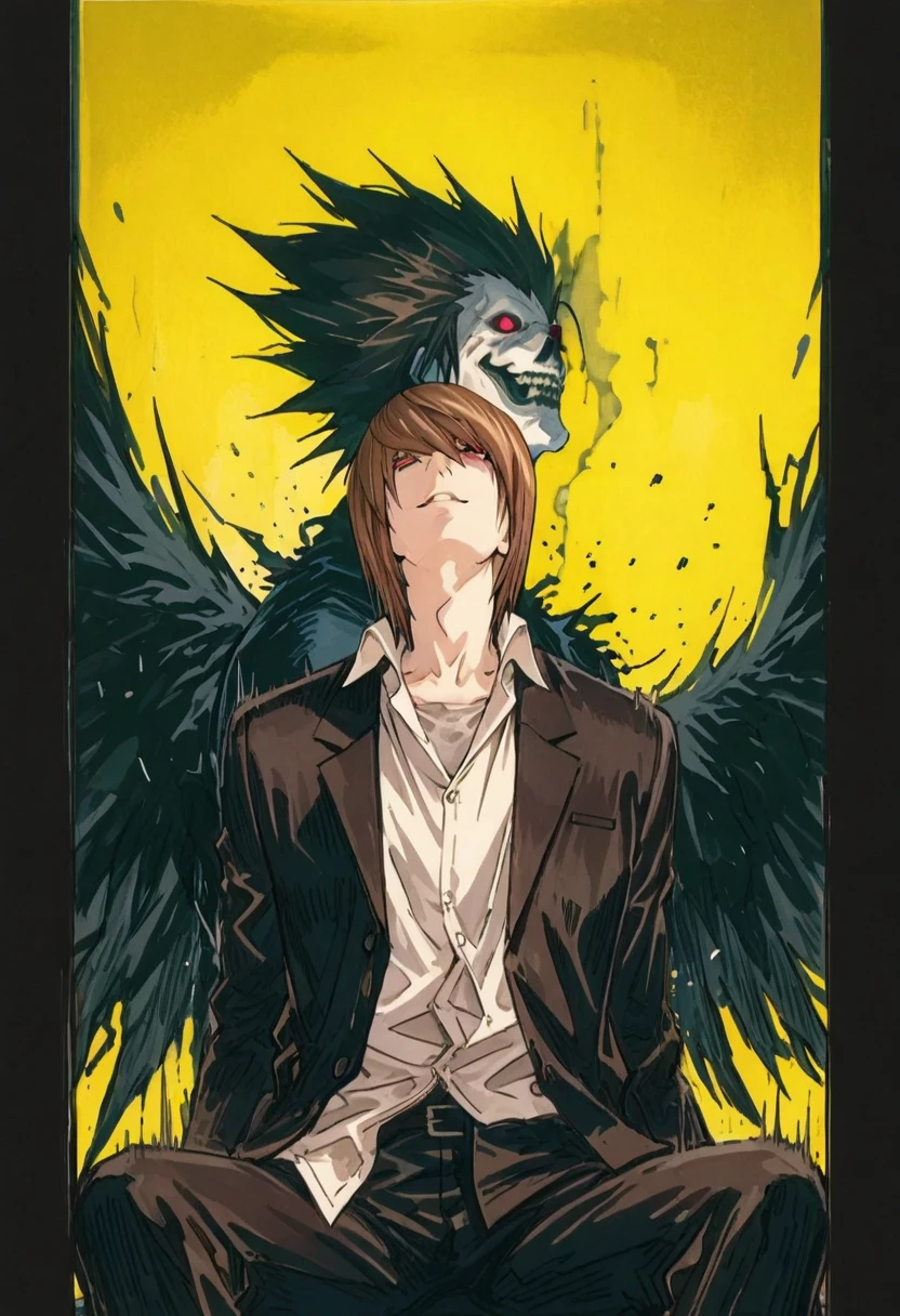 (score_9,score_8_up,score_7_up) LIGHT YAGAMI, DEATH NOTE, 1 MAN, EVIL SMILE ,), ,,extremely detailed,dynamic lighting,best quality,,,best quality,high quality,, , dynamic angle, , thick thighs, motion lines,, , solo, perfect eyes,,DETAIL,MASTERPIECE,,Expressiveh, ultra detailed,,,,very detailed,extremely detailed,dynamic lighting,best quality,(score_9,score_8_up,score_7_up), RED eyes, BROWN SHORT HAIR SPIKY hair, , BODY TYPE SLIM,,extremely detailed,dynamic lighting,best quality, pale skin, LIGHT YAGAMI, DEATH NOTE, LIGHT YAGAMI,
looking up sitting with black wings on his back sitting in front of a yellow background, yagami light with Ryuk death note behind him, light yagami, death note style, death note, anime masterpiece, trending anime art, anime style 4 k, epic anime style, trending anime artwork, anime cover, high quality anime artstyle, anime wallpaper 4k, anime wallpaper 4 k, anime poster, anime trending artwork , MALICIOUS SMILE, DARK LOOK, RED EYES, IN SUIT WITH BLACK WINGS , DARK ATMOSPHERE, LIGHT YAGAMI, , MALICIOUS SMILE, DARK LOOK, RED EYES, IN SUIT, DARK ATMOSPHERE, anime, male, , yagami light, 4 k manga wallpaper, death note style, death note, 4k anime takeshi obata wallpaper, high quality fanart, with apple, high definition anime art, anime art wallpaper 4 k, anime art wallpaper 4k, anime art wallpaper 8 k, anime wallpaper 4 k