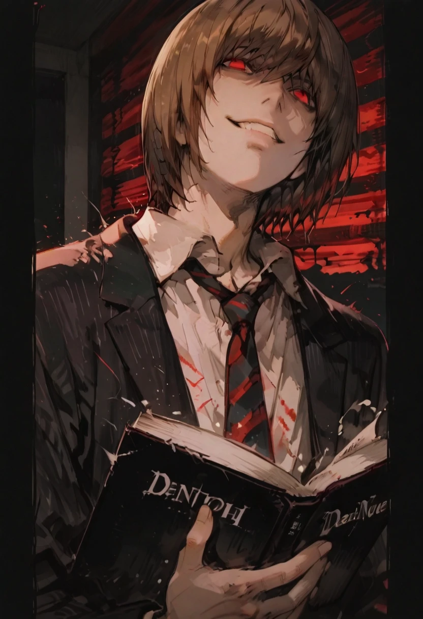 (score_9,score_8_up,score_7_up) LIGHT YAGAMI, DEATH NOTE, 1 MAN, EVIL SMILE ,), ,,extremely detailed,dynamic lighting,best quality,,,best quality,high quality,, , dynamic angle, , thick thighs, motion lines,, , solo, perfect eyes,,DETAIL,MASTERPIECE,,Expressiveh, ultra detailed,,,,very detailed,extremely detailed,dynamic lighting,best quality,(score_9,score_8_up,score_7_up), RED eyes, BROWN SHORT HAIR SPIKY hair, , BODY TYPE SLIM,,extremely detailed,dynamic lighting,best quality, pale skin, LIGHT YAGAMI, DEATH NOTE, LIGHT YAGAMI (((Light Yagami with an evil, demented look, red eyes, and a wicked smile, holding the open Death Note notebook. An oppressive, dark red atmosphere, with a striped background in red and black tones.))) death note, anime masterpiece, trending anime art, anime style 4 k, epic anime style, trending anime artwork, anime cover, high quality anime artstyle, anime wallpaper 4k, anime wallpaper 4 k, anime poster, anime trending artwork, TAKESHI OBATA STYLE, anime, male, , yagami light, 4 k manga wallpaper, death note style, death note, 4k anime takeshi obata wallpaper, high quality fanart, with apple, high definition anime art, anime art wallpaper 4 k, anime art wallpaper 4k, anime art wallpaper 8 k, anime wallpaper 4 k