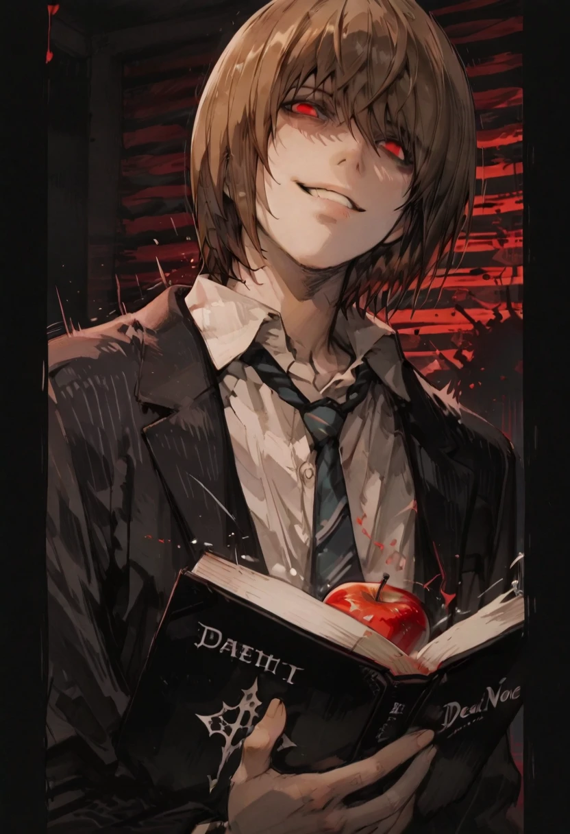 (score_9,score_8_up,score_7_up) LIGHT YAGAMI, DEATH NOTE, 1 MAN, EVIL SMILE ,), ,,extremely detailed,dynamic lighting,best quality,,,best quality,high quality,, , dynamic angle, , thick thighs, motion lines,, , solo, perfect eyes,,DETAIL,MASTERPIECE,,Expressiveh, ultra detailed,,,,very detailed,extremely detailed,dynamic lighting,best quality,(score_9,score_8_up,score_7_up), RED eyes, BROWN SHORT HAIR SPIKY hair, , BODY TYPE SLIM,,extremely detailed,dynamic lighting,best quality, pale skin, LIGHT YAGAMI, DEATH NOTE, LIGHT YAGAMI (((Light Yagami with an evil, demented look, red eyes, and a wicked smile, holding the open Death Note notebook. An oppressive, dark red atmosphere, with a striped background in red and black tones.))) death note, anime masterpiece, trending anime art, anime style 4 k, epic anime style, trending anime artwork, anime cover, high quality anime artstyle, anime wallpaper 4k, anime wallpaper 4 k, anime poster, anime trending artwork, TAKESHI OBATA STYLE, anime, male, , yagami light, 4 k manga wallpaper, death note style, death note, 4k anime takeshi obata wallpaper, high quality fanart, with apple, high definition anime art, anime art wallpaper 4 k, anime art wallpaper 4k, anime art wallpaper 8 k, anime wallpaper 4 k