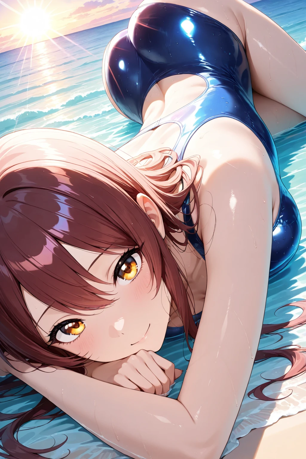 1girl,bikini,lying on back,folded,beach,knees to chest,legs over head,pretzel pose