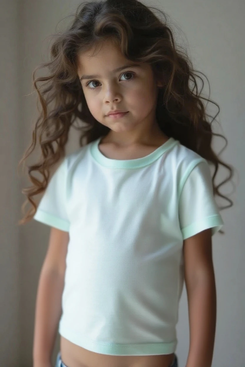 A four-year-old redhead girl with short curly hair and green eyes