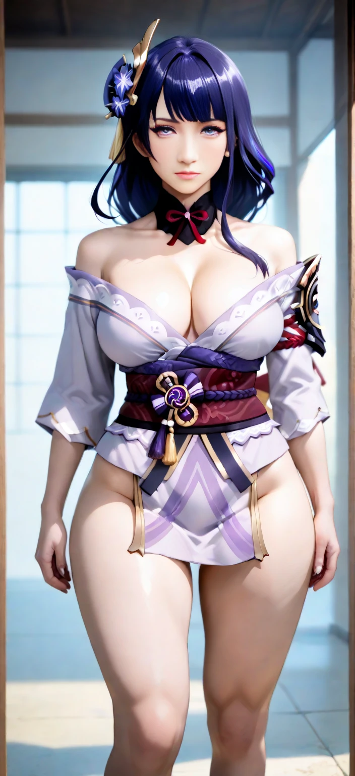 (((raw photo,8k))),(photorealistic:1.3),(masterpiece), (best quality), ultra high res, (best illustration), photon mapping,radiosity,best shadow,close-up to face,portrait,(((natural light))),backlighting,(solo:1.5),1girl,(long purple hair,single braid,blunt bangs),purple head ornament,beautiful detailed purple eyes,largest breasts,((cleaveage cutout)),purple kimono,thighs,black thighhighs,high heels.looking at viewer,smooth,(bokeh:1.4), photographed with a nikon d850, Nikon AF-S nikkor 58mm f/1.4G lens,