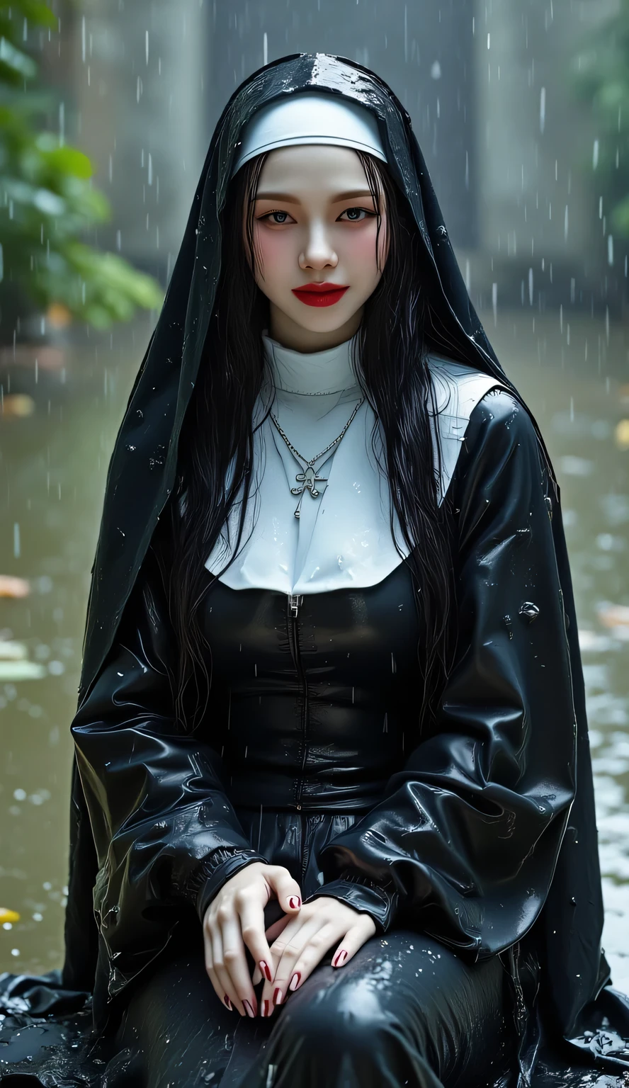 A stunning portrait of Karina from Aespa, sitting gracefully in a misty church garden during a gentle rain shower. She's wearing a form-fitting nun's habit that's become wet from the rain, clinging elegantly to her curvy figure. Her generous curves are accentuated by the damp fabric, creating an alluring silhouette. Her beautiful face features a captivating smile, adorned with deep red lipstick. The rain creates a romantic atmosphere with water droplets glistening on her skin and clothes. Soft natural lighting, cinematic composition, high-end fashion photography style, shallow depth of field, wet effect, detailed fabric textures, 8k quality, photorealistic, detailed skin texture, volumetric lighting, ray tracing, ambient occlusion