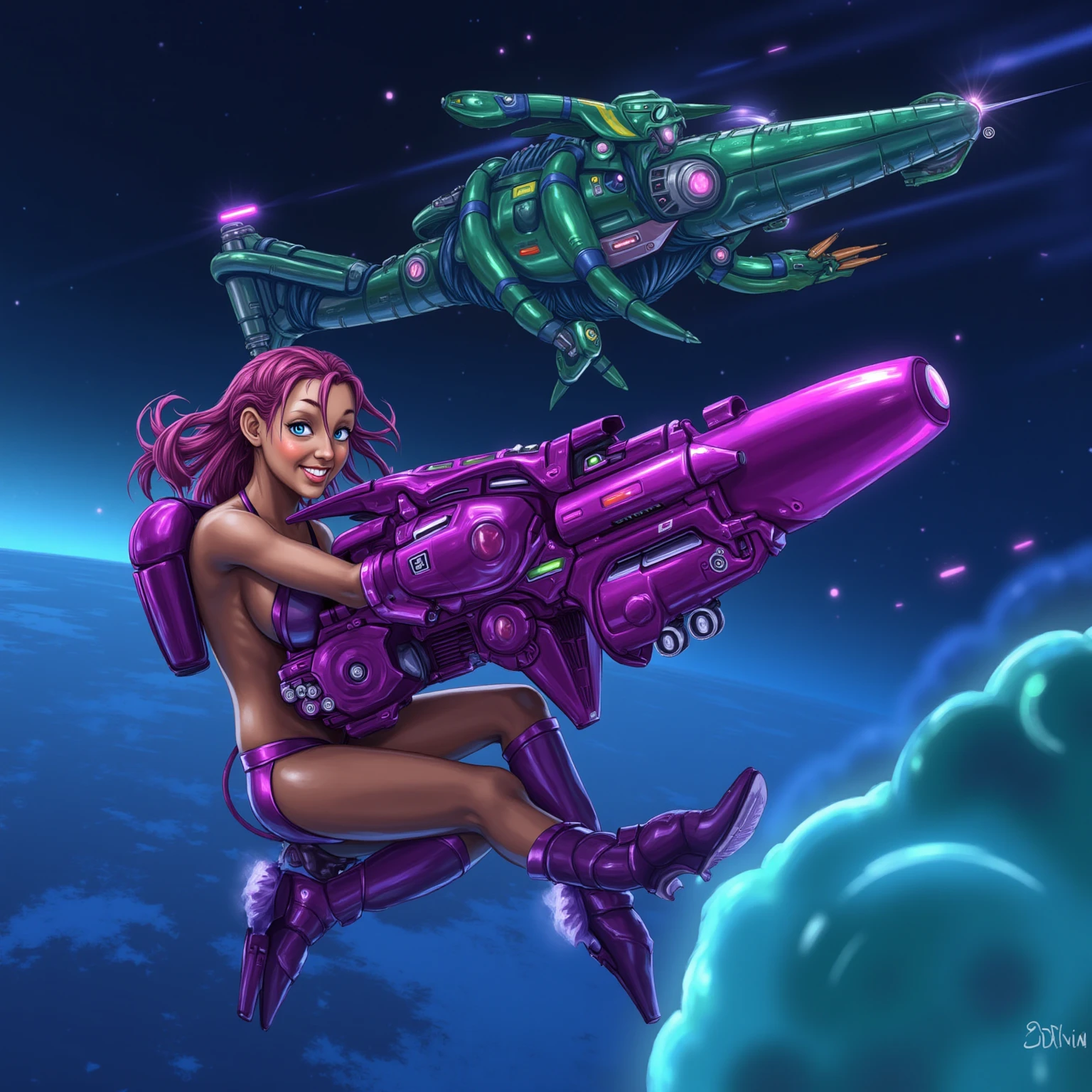 (1girl), solo, Lorna, blond hair, big hair, long hair, pink leotard, strapless, boots, large breasts, outdoors, spacecraft, rubble, debris, (nsfw), floating hair, wind, dynamic pose, fighting stance, holding gun, rifle, (dynamic colors), (random colors), magic particles, dust particles, looking at viewer, <lora:AzpiriV10:0.8><lora:Lorna_V02:0.8>