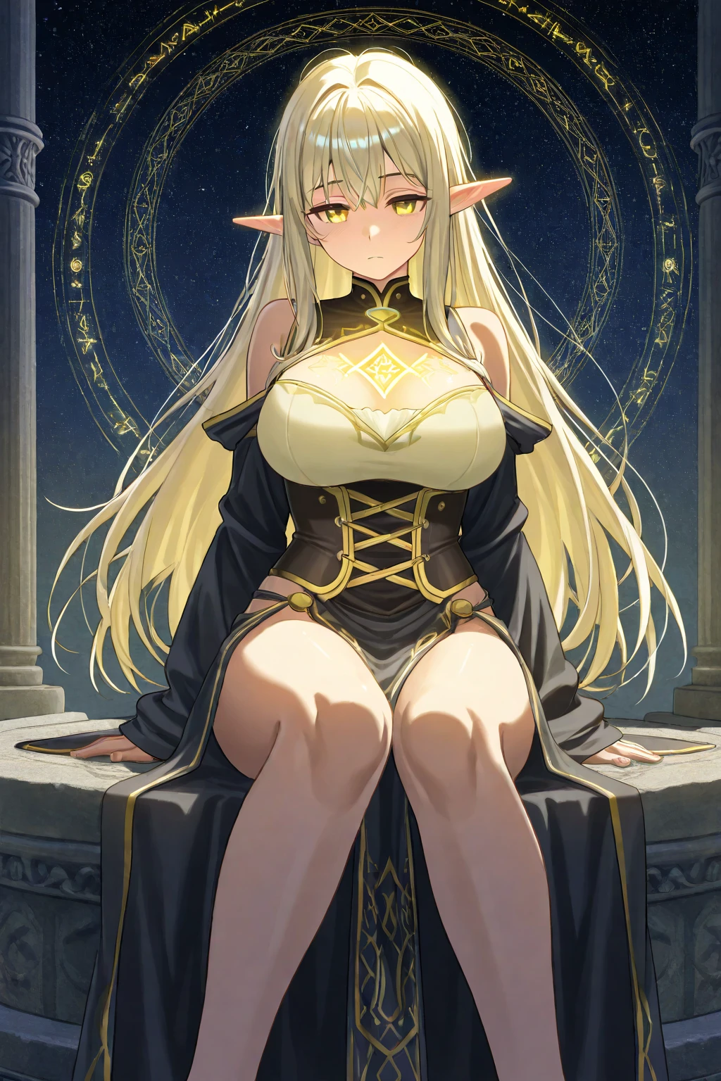 1 girl Big dark-skinned elf, yellow hair, hot figure, big beauty, delicate and beautiful face, full body portrait, big eyes, beautiful face, big, transparent tulle, ???? and alluring, plump body, hands on ?????, perfect body proportions