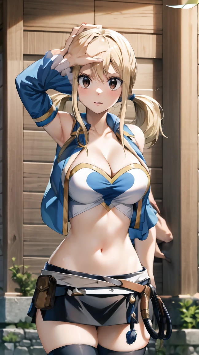 (masterpiece, best quality:1.2), cowboy shot, solo, 1girl, charlotte dunois, smile, looking at viewer, arms behind back, ponytail, hair ribbon, crop shirt, sleeveless, shorts, belt, midriff, (underboob:1.2), highlegs panties,