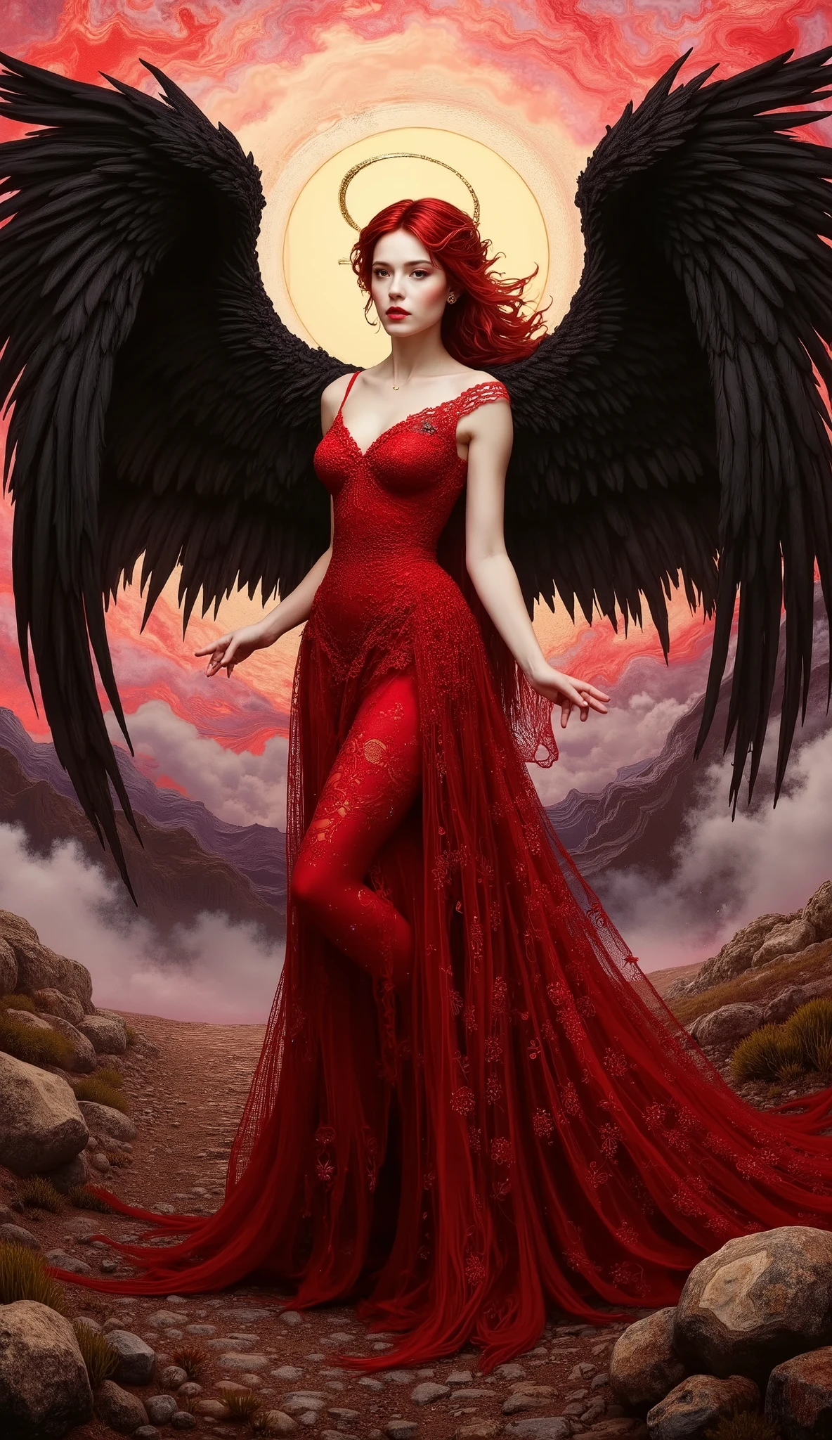 Done in Impressionist with hyper realistic details. A captivating figure emerges from a surreal landscape, embodying the essence of an ethereal being. Dark, resplendent wings adorned with intricate feathers spread majestically, framing an environment bathed in vivid reds and soft pinks, suggesting a dramatic sunset or dawn. The attire is a seamless blend of bold red hues and delicate lace patterns, which cascade into a flowing dress that merges with the ground in fluid waves. An aura of power and mystique is heightened by the glowing halo surrounding the head, casting an otherworldly light that reflects the intense atmospheric mood. The figure's posture is regal and confident, with deliberate attention to symmetry and balance, drawing the viewer into an enigmatic, fantastical scene. The setting hints at a rocky, barren landscape, juxtaposed against the celestial, vibrant colors, creating a striking visual contrast that evokes mystery and awe.a woman with red hair and wings stands in a red dress, very sexy devil outfit, beautiful succubus, villainess has black angel wings, full body devil woman, beautiful elegant demon queen, angel in hell, full - body majestic angel, succubus | medieval, raven winged female vampire, succubus in tight short dress, succubus, red feathered wingsd