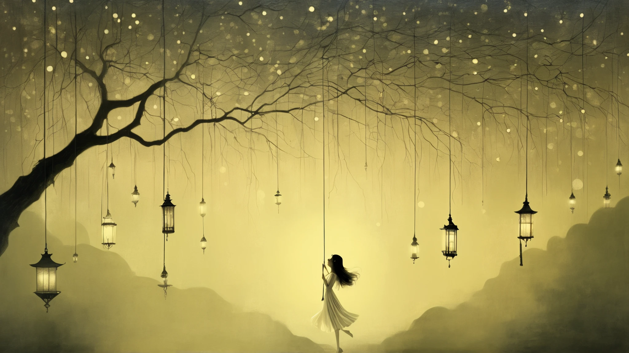 girl, jump string, gardem. surreal fantasy, Starlit, dreamy mood, fine brushstrokes, Stephen Mackey´s and M. W. Kaluta´s whimsical painting depicting, dramatic light, high contrast with patterns.