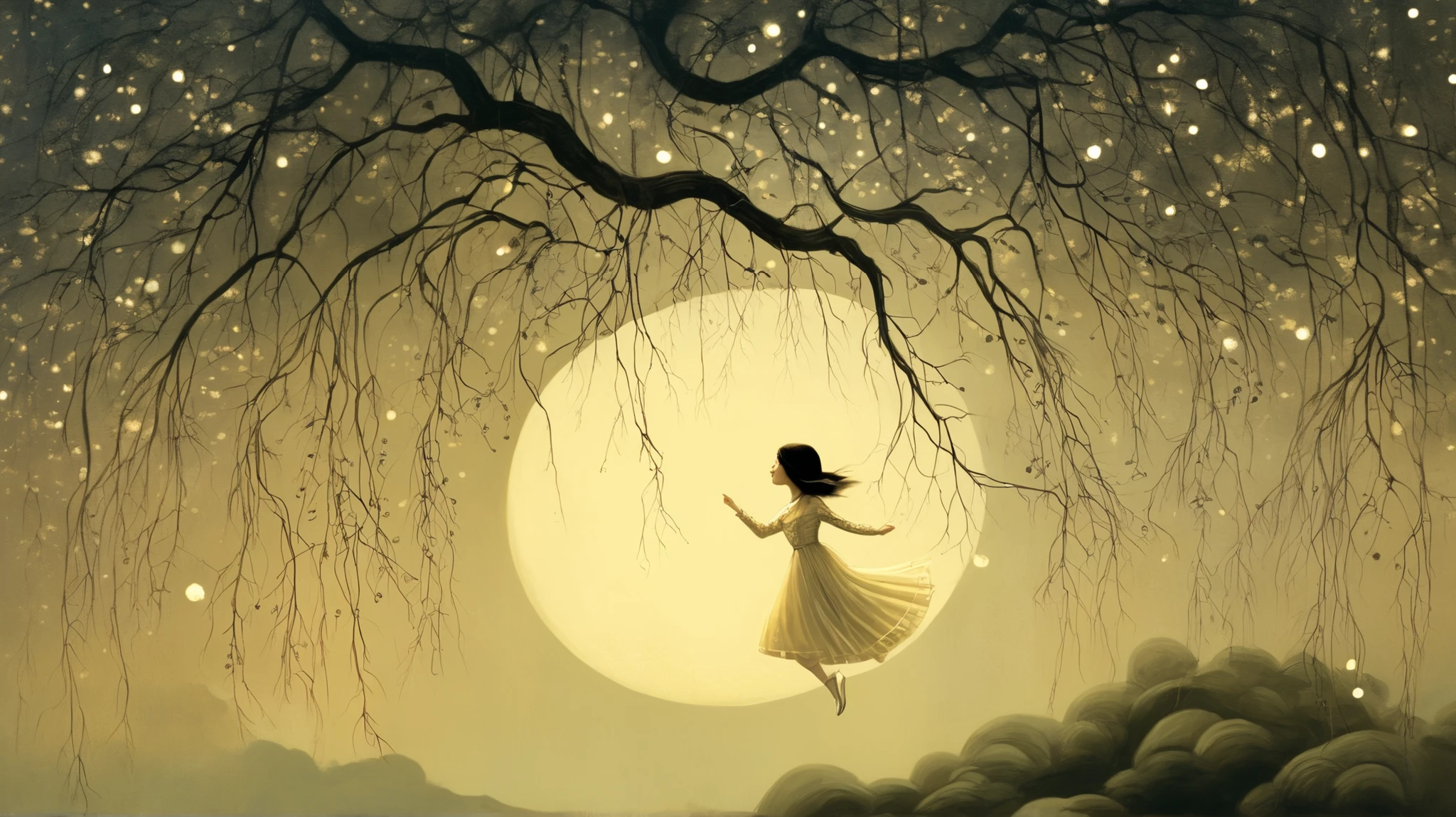 girl, jump string, gardem. surreal fantasy, Starlit, dreamy mood, fine brushstrokes, Stephen Mackey´s and M. W. Kaluta´s whimsical painting depicting, dramatic light, high contrast with patterns.