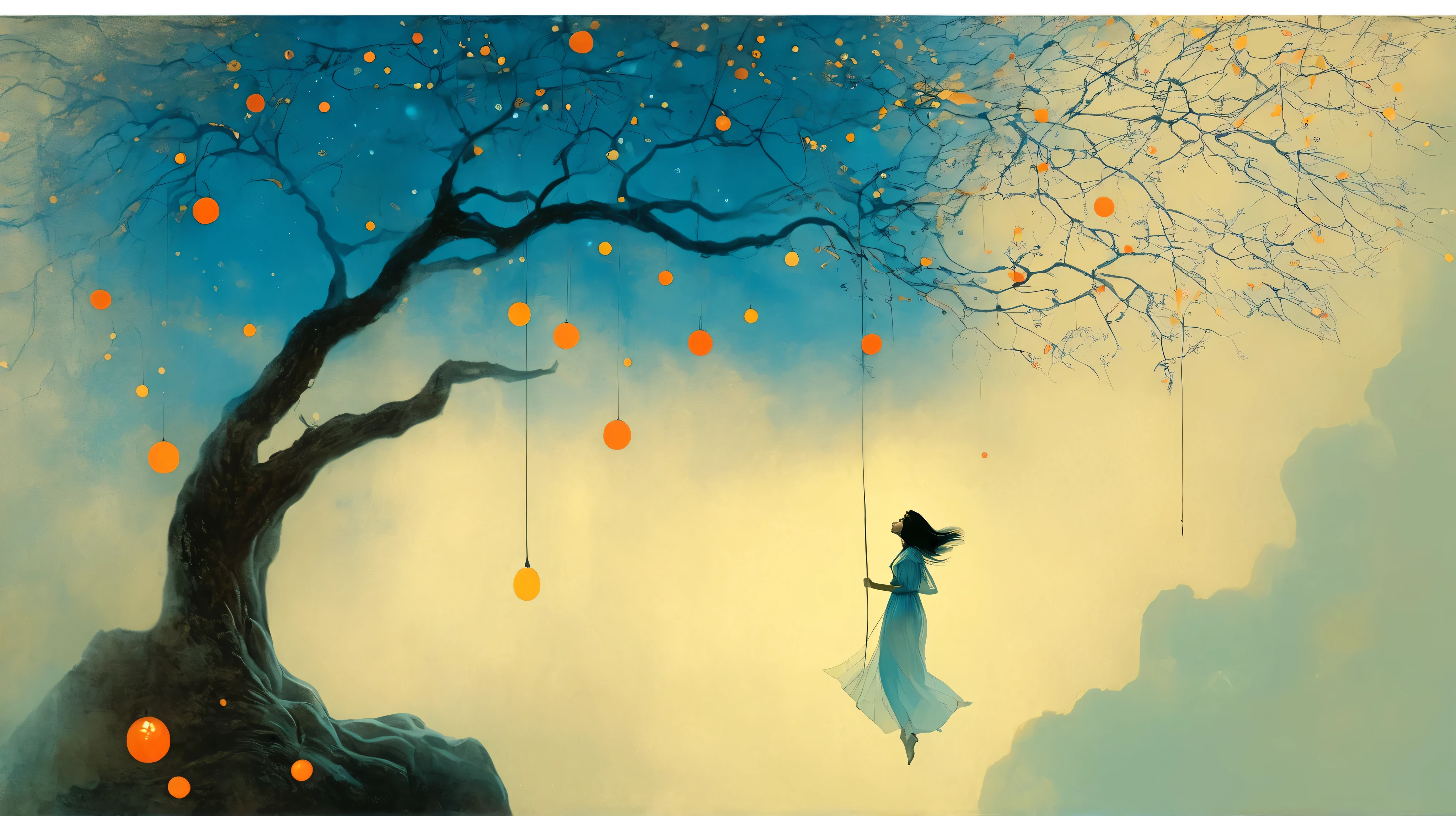 girl, jump string, gardem. surreal fantasy, Starlit, dreamy mood, fine brushstrokes, vivid colors, Stephen Mackey´s and M. W. Kaluta´s whimsical painting depicting, dramatic light, high contrast with patterns. color palette: Maximum Blue, Battery Charged Blue, Orange Soda, Burnt Umber, Indian Red