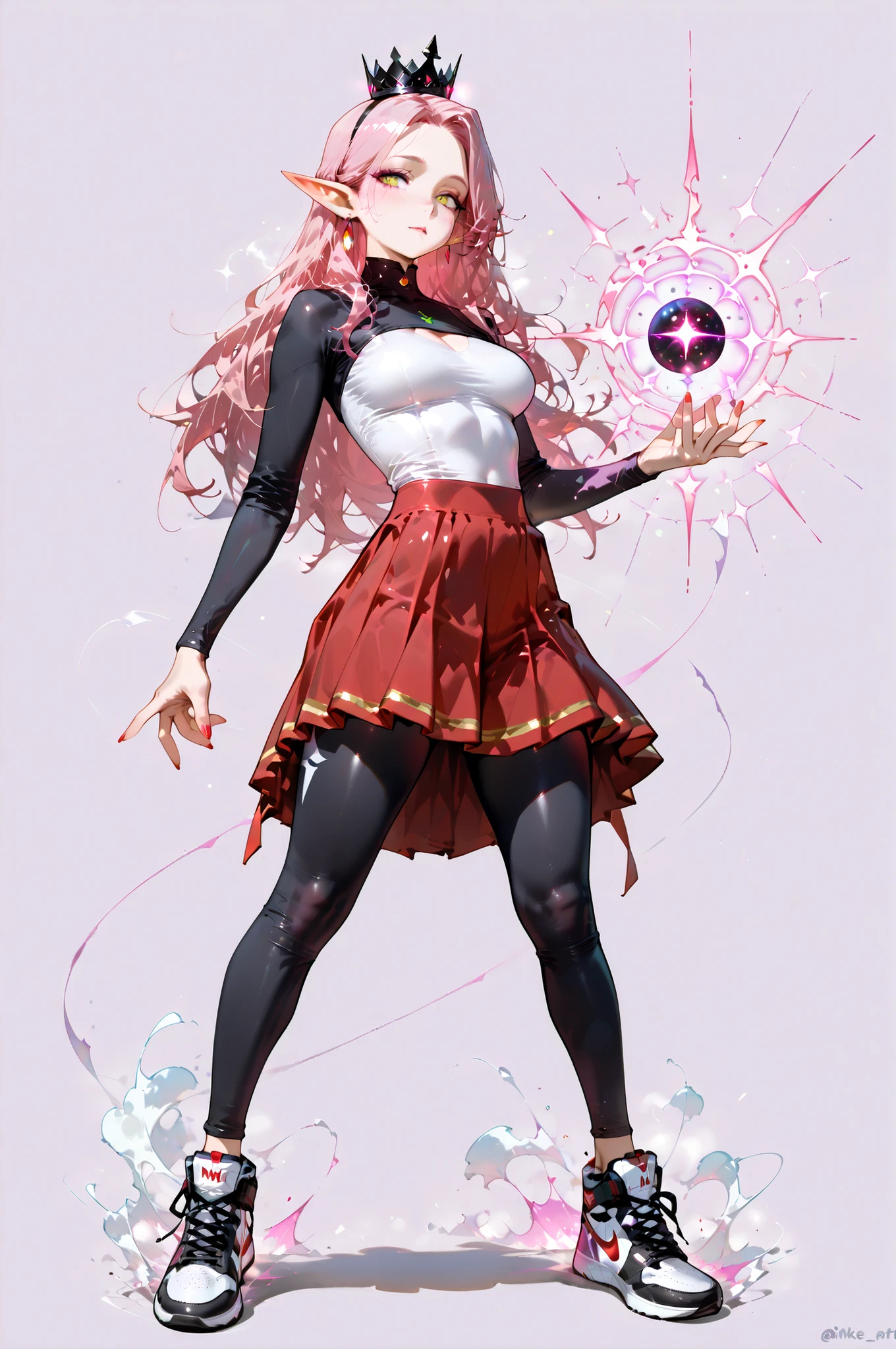 masterpiece, best quality, amazing quality, very aesthetic, high resolution, newest, hyper-detailed, solo, female character, mature woman,((elf)) pointed ears, pale skin, long hair, pink hair, leggings bodysuit, red skirt, nike shoes, black crown on his Head, jewelry, standing on a magic energy spheres around her , full body, fan art, Casino background