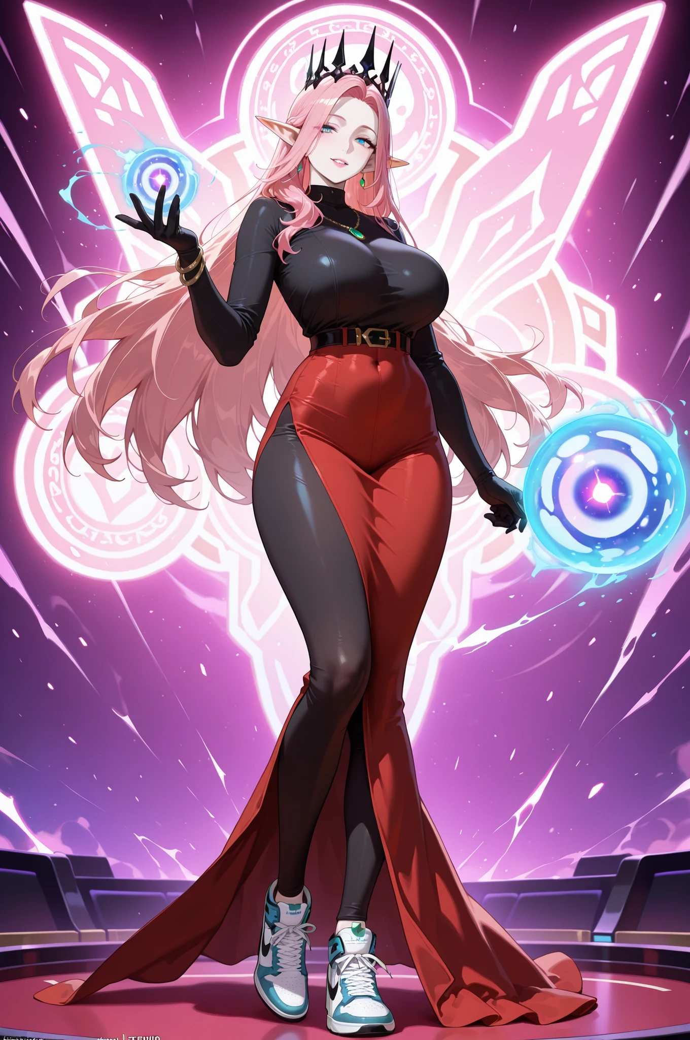 masterpiece, best quality, amazing quality, very aesthetic, high resolution, newest, hyper-detailed, solo, female character, mature woman,((elf)) pointed ears, pale skin, long hair, pink hair, leggings bodysuit, red skirt, nike shoes, black crown on his Head, jewelry, standing on a magic energy spheres around her , full body, fan art, Casino background