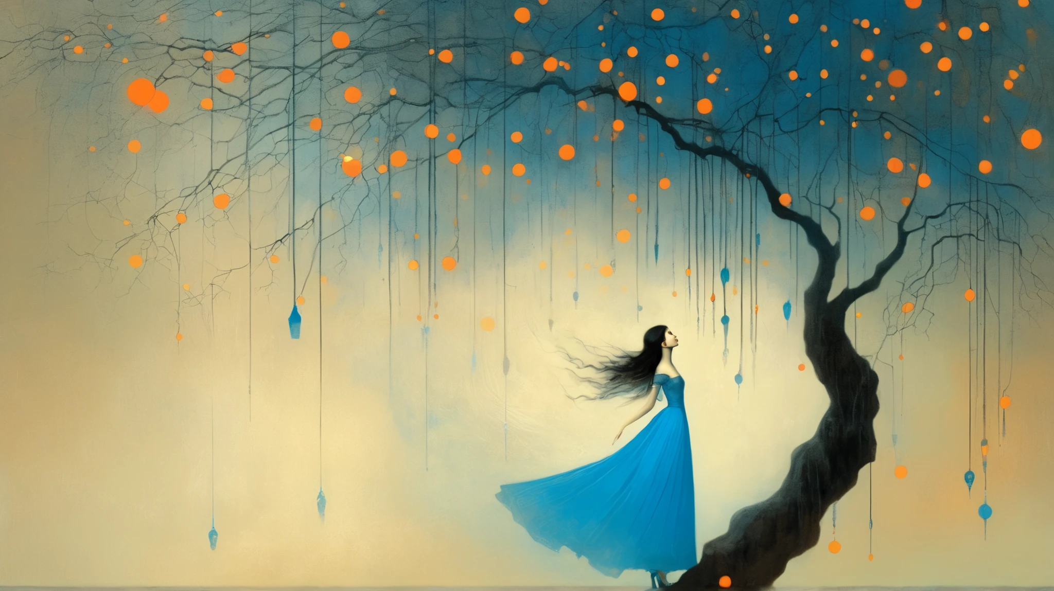 girl, jump string, gardem. surreal fantasy, Starlit, dreamy mood, fine brushstrokes, vivid colors, Stephen Mackey´s and M. W. Kaluta´s whimsical painting depicting, dramatic light, high contrast with patterns. color palette: Maximum Blue, Battery Charged Blue, Orange Soda, Burnt Umber, Indian Red