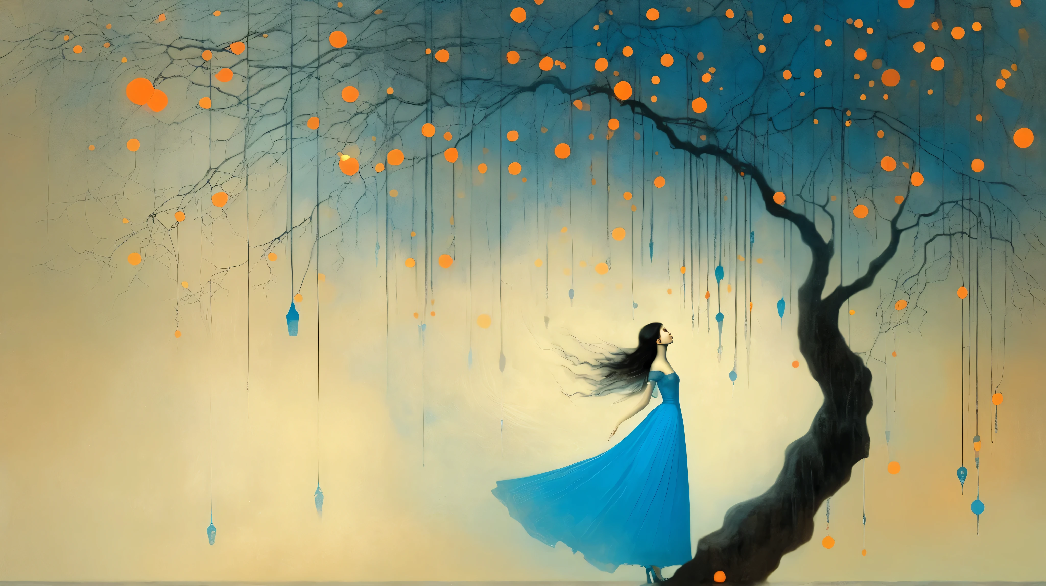 girl, jump string, gardem. surreal fantasy, Starlit, dreamy mood, fine brushstrokes, vivid colors, Stephen Mackey´s and M. W. Kaluta´s whimsical painting depicting, dramatic light, high contrast with patterns. color palette: Maximum Blue, Battery Charged Blue, Orange Soda, Burnt Umber, Indian Red