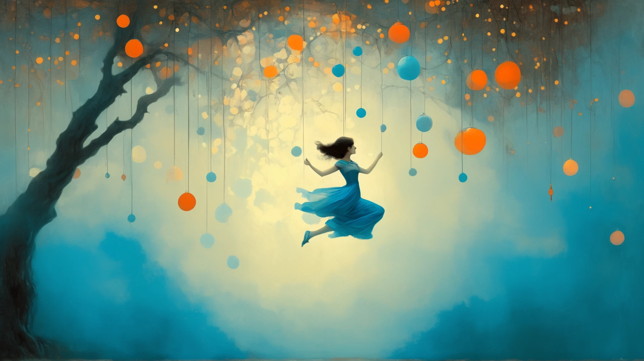 girl, jump string, gardem. surreal fantasy, Starlit, dreamy mood, fine brushstrokes, vivid colors, Stephen Mackey´s and M. W. Kaluta´s whimsical painting depicting, dramatic light, high contrast with patterns. color palette: Maximum Blue, Battery Charged Blue, Orange Soda, Burnt Umber, Indian Red