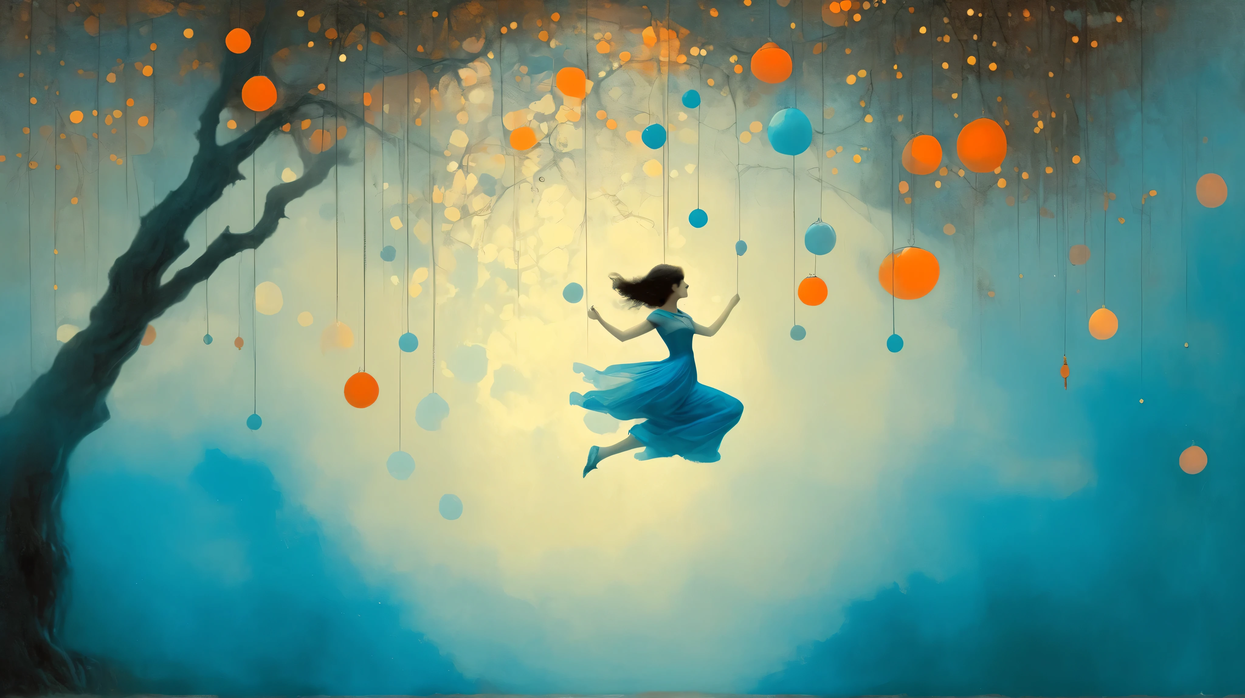 girl, jump string, gardem. surreal fantasy, Starlit, dreamy mood, fine brushstrokes, vivid colors,  Stephen Mackey´s and M. W. Kaluta´s  whimsical painting depicting, dramatic light, high contrast with patterns. color palette: Maximum Blue, Battery Charged Blue, Orange Soda, Burnt Umber, Indian Red