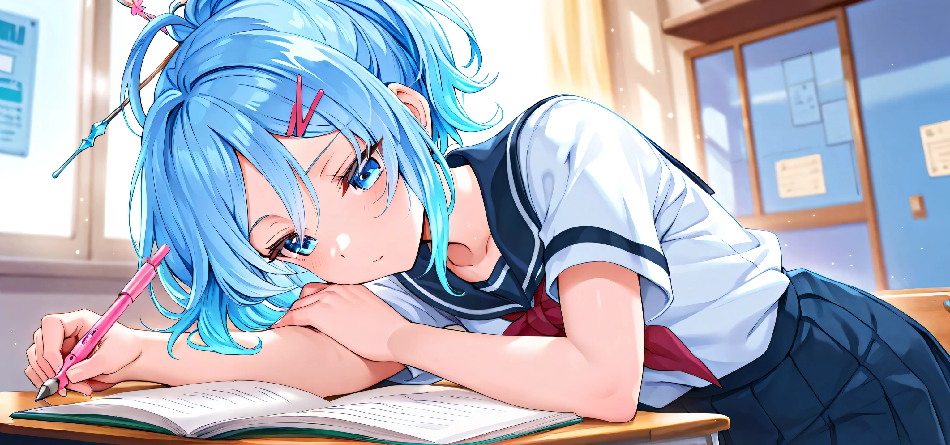 ice-blue hair, blue eyes, school uniform, ponytail with a hairpin, writing a book
