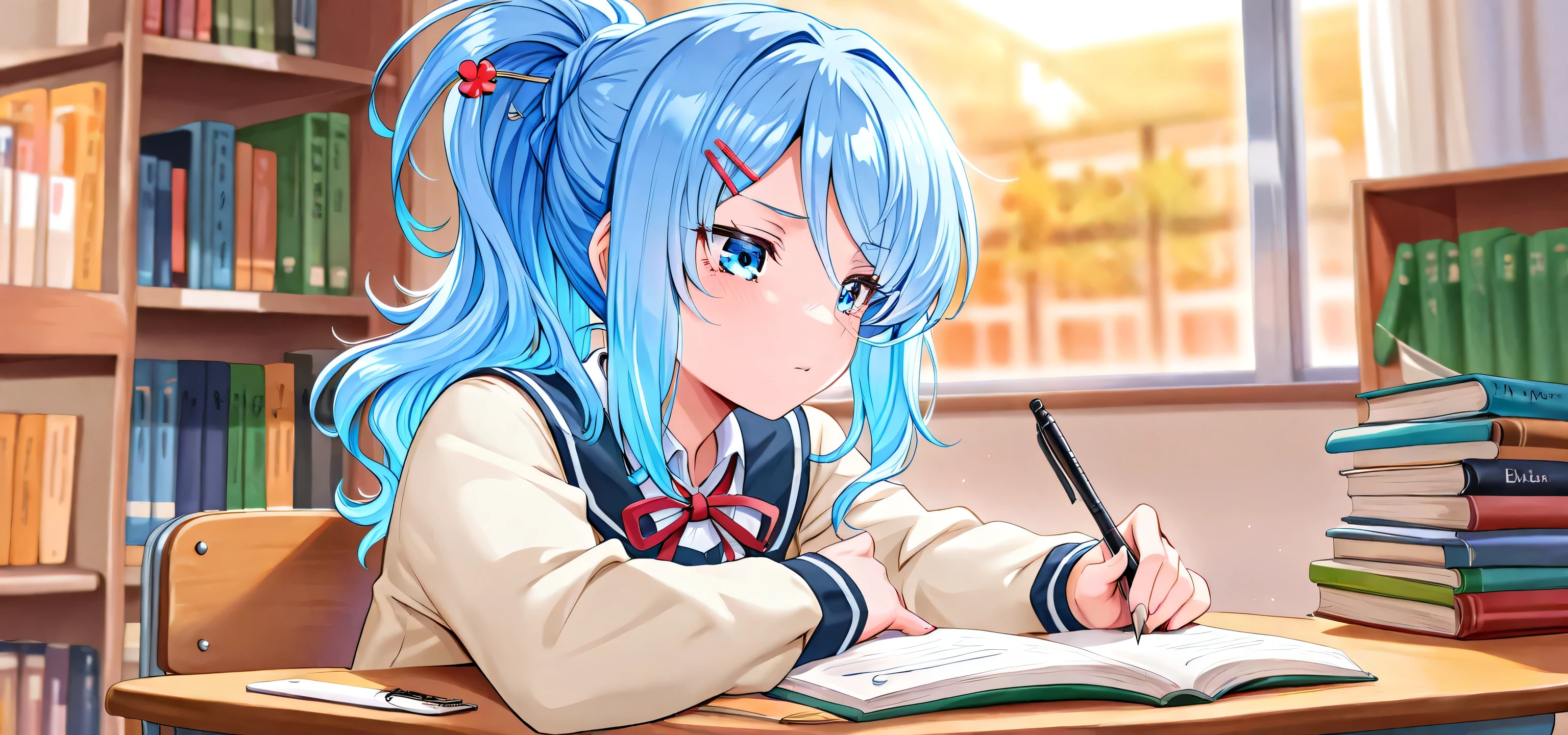 ice-blue hair, blue eyes, school uniform, ponytail with a hairpin, writing a book,solo