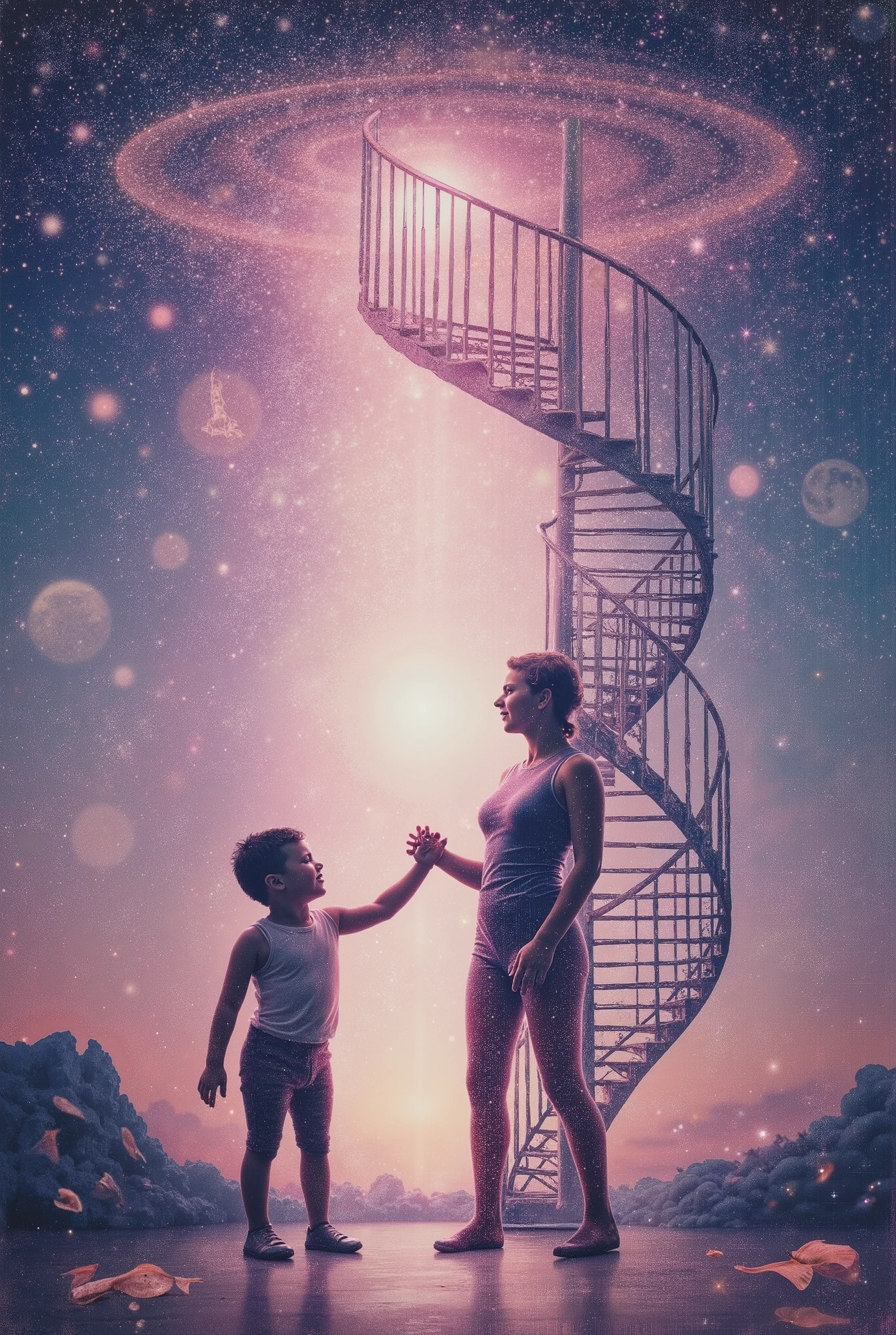 Une composition abstraite éthérée où des silhouettes humaines translucides s'élèvent en spirale vers une source de lumière dorée diffuse. Les corps semblent se dissoudre en particules lumineuses qui forment des constellations éphémères. Des voiles de brume aux teintes pastel (rose tendre, bleu céleste, violet lavande) s'entremêlent délicatement, créant des motifs fluides évoquant des galaxies en formation. Des fragments de souvenirs cristallisés flottent dans l'espace : morceaux de photographies anciennes, écritures manuscrites, objets personnels, tous semi-transparents et baignés d'une lueur douce. Des rayons de lumière traversent la scène comme des colonnes divines, créant des prismes et des arcs-en-ciel subtils. Au premier plan, un enfant spectral tend la main vers un papillon fait de lumière pure. L'arrière-plan suggère un espace infini où le temps semble suspendu. Des doubles expositions créent des superpositions oniriques entre passé et présent. Style néo-spirituel contemporain, technique mixte photographique et digitale, rendu atmosphérique ultra-détaillé