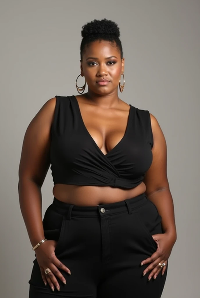 A Brazilian woman with curly brown hair, brown eyes, and brown skin wearing a Calvin Klein crop top, wide-legged pants, and has a round face and is overweight.