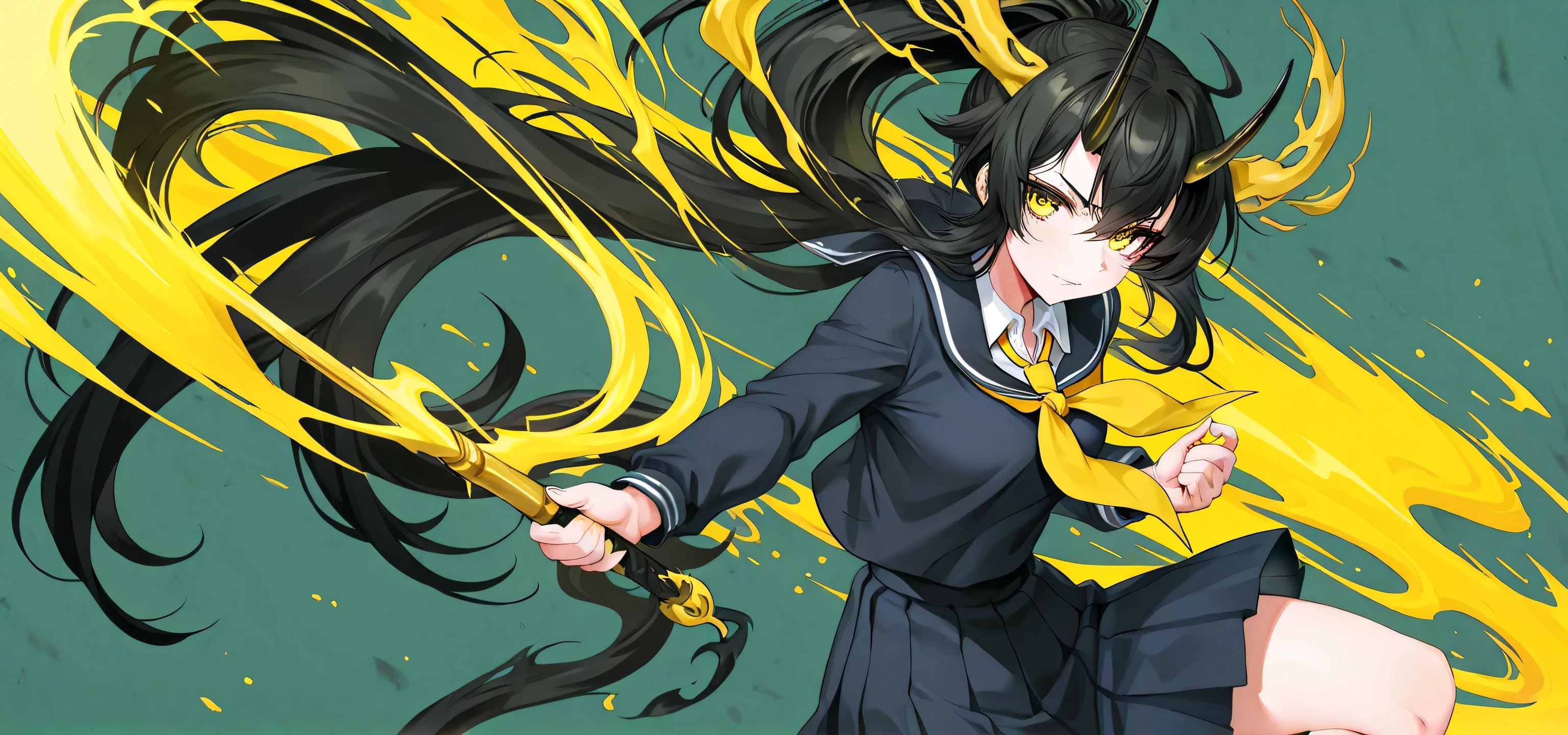 black hair, yellow eyes, school uniform, ponytail, horns,solo