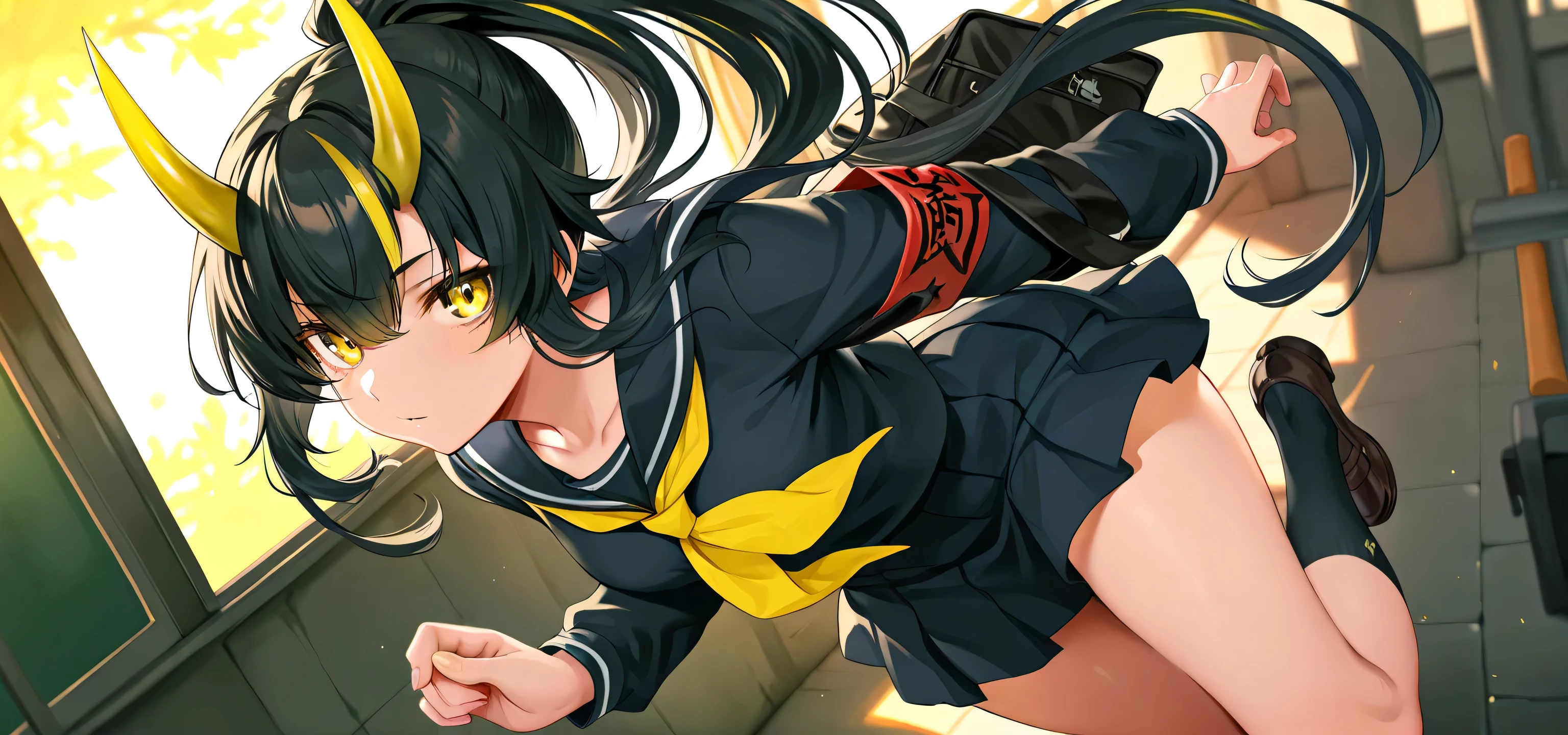 black hair, yellow eyes, school uniform, ponytail, horns,solo