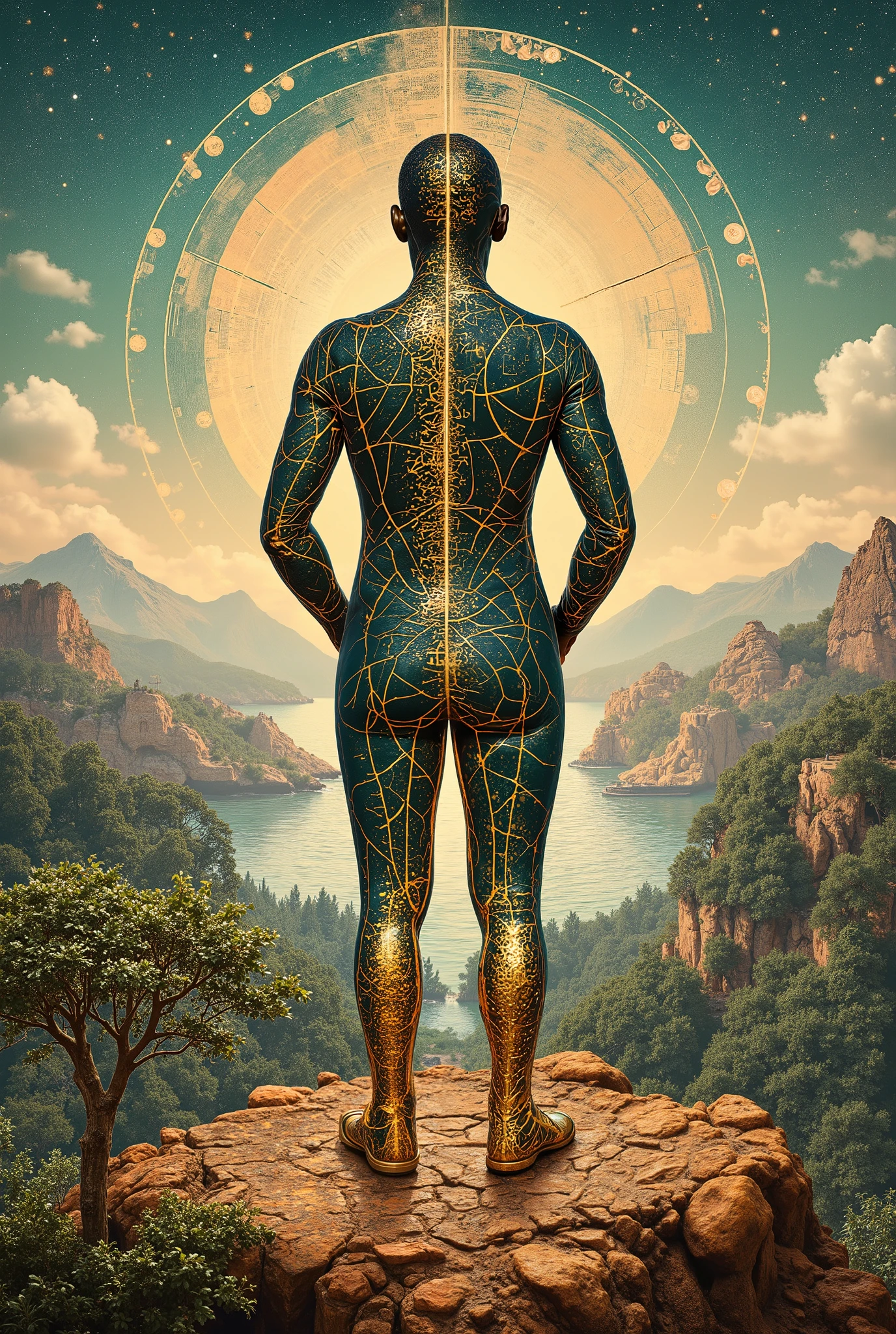 Une silhouette humaine composée de fragments géométriques dorés se tient au centre d'un vaste paysage en transformation. Son corps suit parfaitement les proportions du nombre d'or, chaque segment s'alignant sur la spirale de Fibonacci. La figure émerge d'une nature cristallisée où arbres, montagnes et océans se décomposent en séquences mathématiques parfaites. Des lignes de force dorées traversent l'espace, reliant l'homme aux éléments naturels dans une grille harmonieuse. Des doubles expositions montrent simultanément l'intérieur et l'extérieur du corps humain, révélant des structures cellulaires qui reflètent les motifs des constellations. Des fragments d'architecture ancienne et moderne s'entremêlent, leurs proportions respectant le ratio divin. Une brume légère aux teintes sépia et turquoise enveloppe la scène, évoquant la mémoire collective. Des équations mathématiques etherees flottent comme des feuilles dans le vent. Le ciel se déploie en couches fractales, chaque niveau révélant une nouvelle dimension de réalité. Style néo-humaniste géométrique, rendu photoréaliste mélangé à l'abstraction mathématique, éclairage atmosphérique complexe