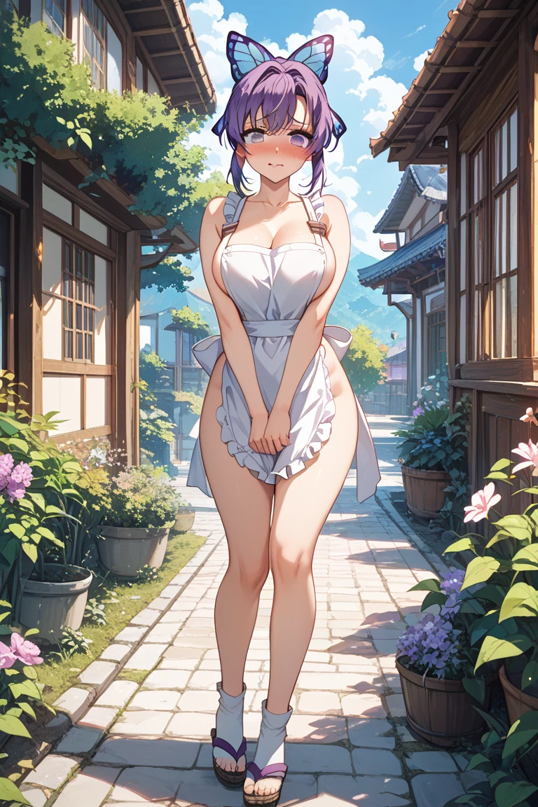 masterpiece, best quality, highres, ram1, 1girl, solo, standing, focus on her ass, back to the viewer, walking up stairs, ram \(re:zero\), pink hair, short hair, red eyes, hair over one eye, ribbon trim, hair ribbon, x hair ornament, maid headdress, small breasts, huge ass, huge thighs, narrow waist, wide hips, thick thighs, l purple ribbon, hair flower, leotard, blushing,sweating, (breathing hard), (panting), anime, smile, outdoors, (masterpiece:1.2), highres, best quality, 8k, very clear,