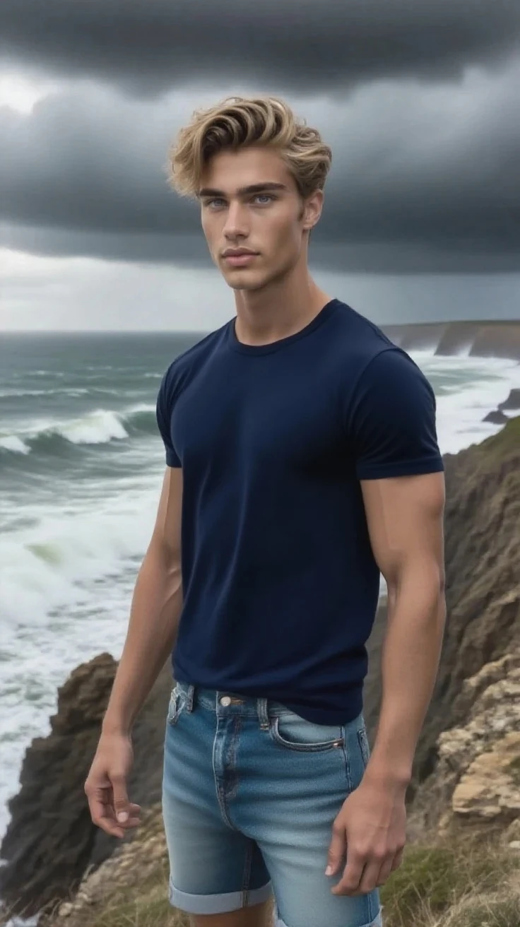 RAW Photo, photo of man sc_aaron4 <lora:sc_aaron4-07:0.75> modeling in a vintage classic rock (t-shirt) and faded jeans on a secluded coastal cliff, black hair, short hair, blue eyes, compass necklace, (man of the world), photo by bruce weber, waves crash against cliffs below, misty air, seabirds, jagged rocks, sparse grass, soft light of dawn, early morning sky, mysterious allure