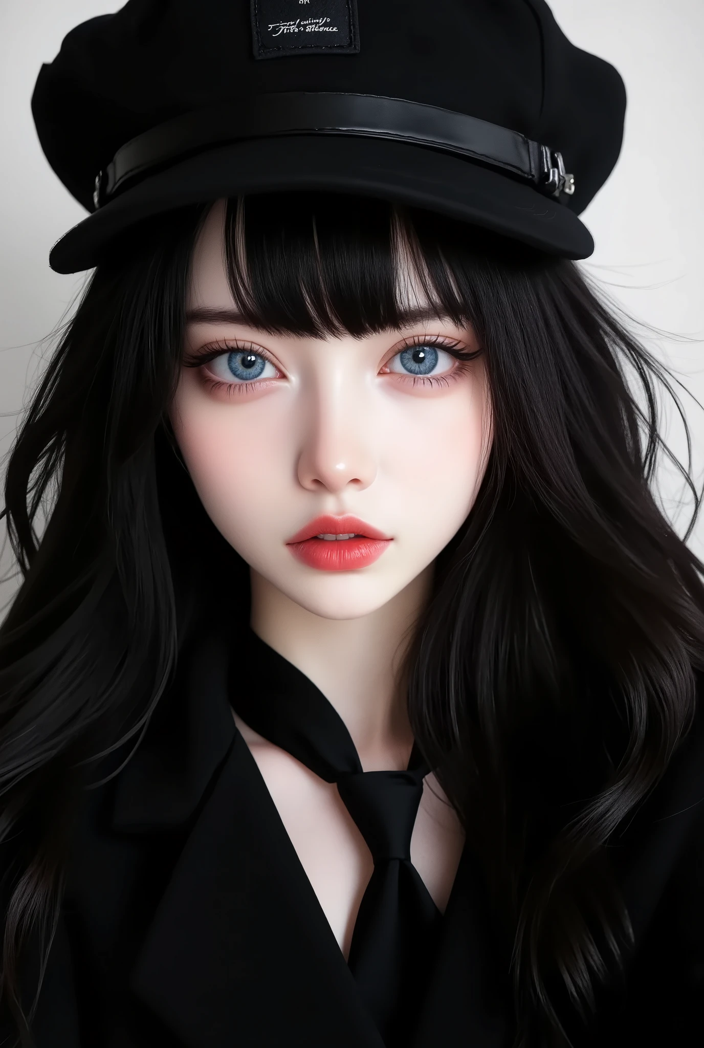 anime artwork (dark mood masterpiece Photography:1.2) a young woman with beautiful eyes, bold eyeliner sensuous lips, cheeky expression, naughty, flirting, (smiling:0.65), wearing a black suit, back hat cap, long wavy hair, black hair, (fine erotic content:0.65), photography masterpiece, modern, irresistible beauty, unusual composition, rule of thirds, highly detailed, hyper detailed photography, cinematic shot,extreme close-up,light painting . anime style, key visual, vibrant, studio anime, highly detailed