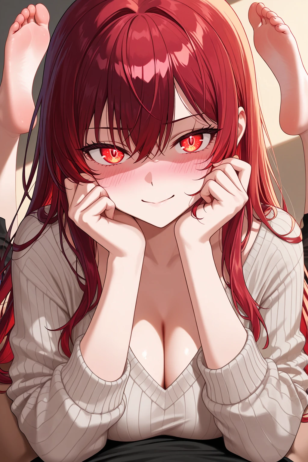 1girl, 20s, upper body, red hair, very long hair, fox ears, white shirt, breasts, looking at viewer, seductive smile, one eye closed, hand on own chin , petals, masterpiece, best quality