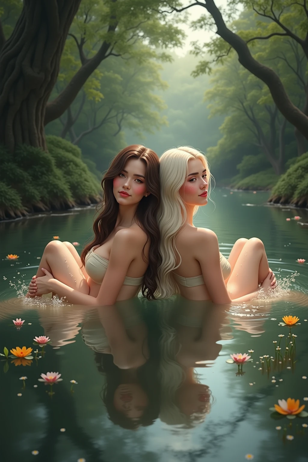 ll body many giant greek woman take a bath and talking together, river, water, litter flower, plan, tree far away, dramatic sky, dramatic cloud, on a dust field, full body, naked, female greek,female greek god, white hair, hairy torso, fantasy, intricate, elegant, highly detailed, digital painting, artstation, concept art, smooth, sharp focus, illustration, art by gaston bussiere and alphonse mucha, naked
