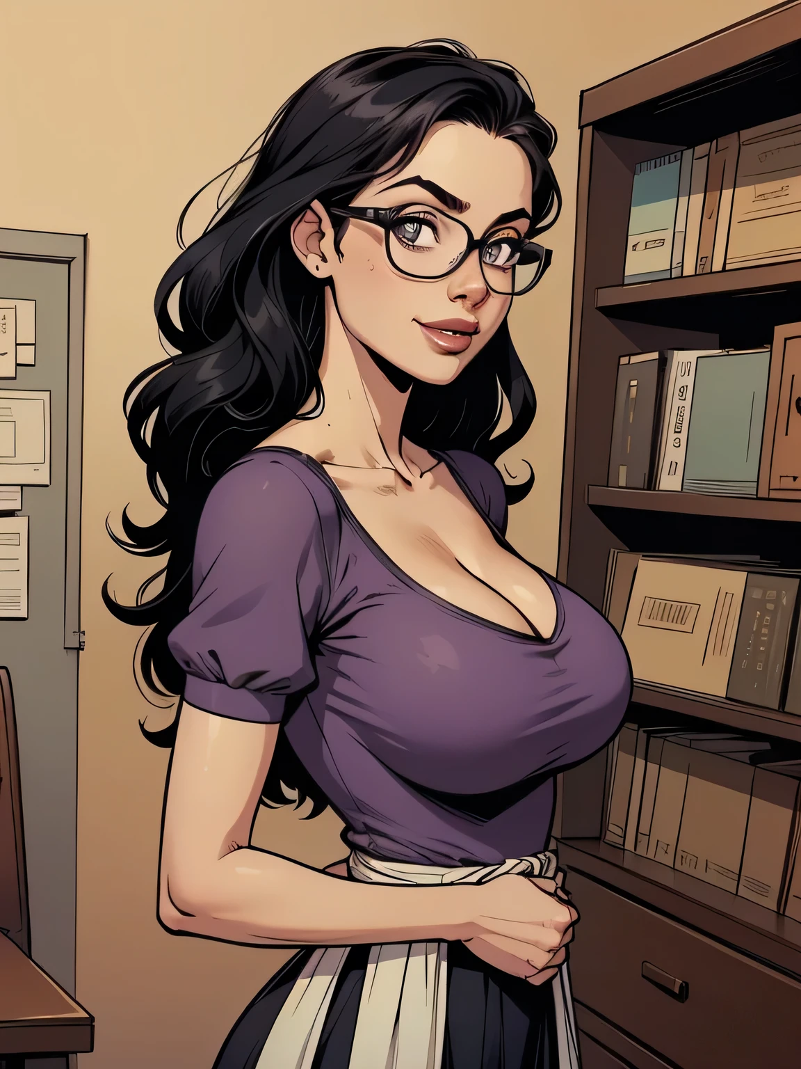cartoon style:1.2), woman, Krista Allen, draw ART Artline, background a library with bookshelves, spanish woman, woman cartoon, sexy clothes , fearless and super brave girl , cartoon style illustration, cartoon art style, cartoon art style, digital illustration style, very detailed character design, cute detailed digital art, City fan art, portrait character design, linda digital illustration, High quality portrait, comic art, character design portrait, library background. Busty without clothes and very big breasts, perky tits, Cartoon style female character dressed in sexy lace lingerie and garter belt, Beautiful character pose in dynamic pose, with sheer stockings and beautiful breasts, well defined body, delicate and sensual, perfect hands, perfect fingers, full lips, long hair brunette, cartoon style, digital illustration, J. Scott Campbell style