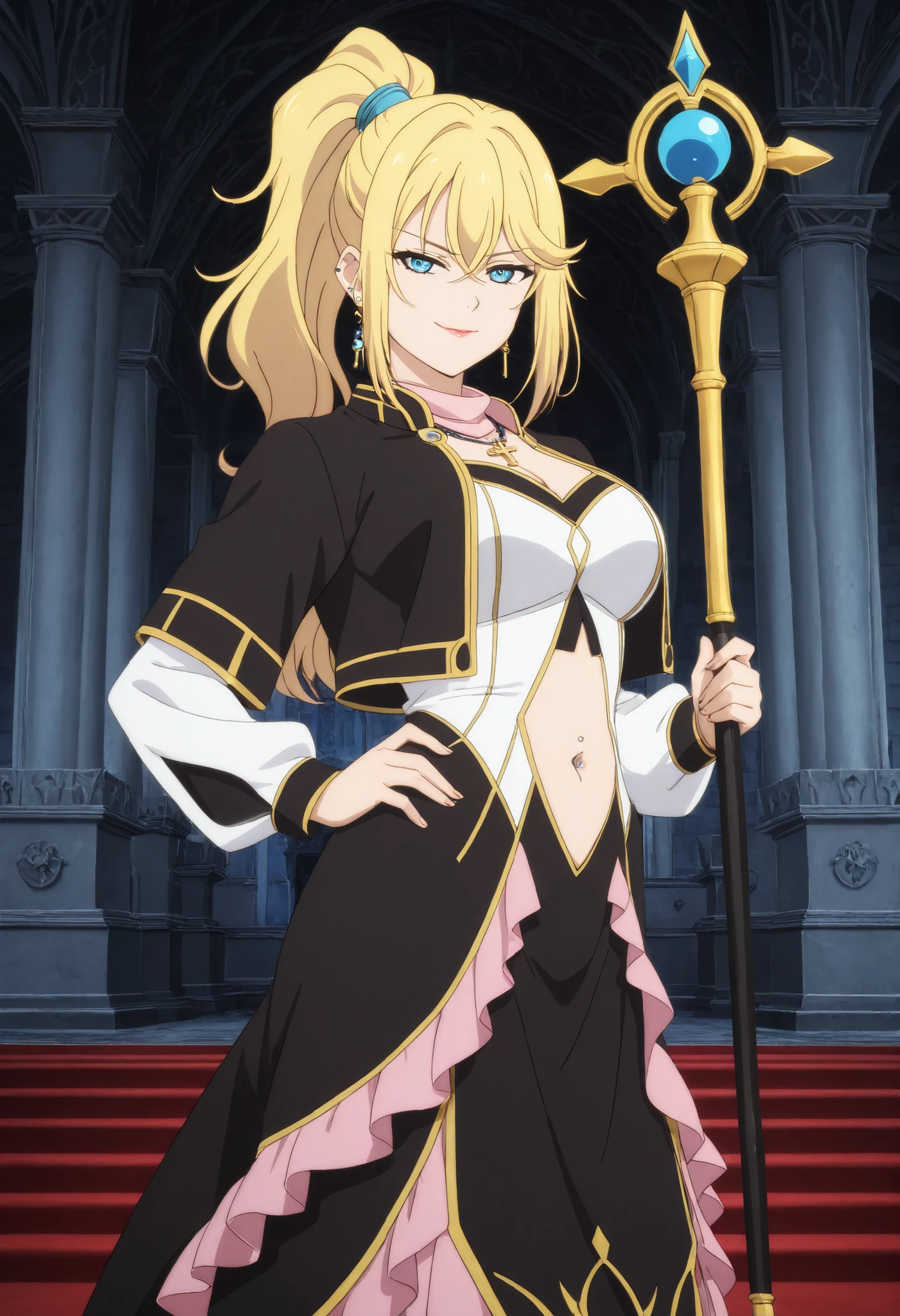 masterpiece,high quality,highres,8k,anime screencap,
1girl,blonde hair,long hair,ponytail,blue eyes,bare midriff,cleavage,detached sleeves,frilled dress,jewelry,necklace,black jacket,black capelet,pink frills,pink collar,navel cutout black skirt,white shirt, cleavage cutout, cleavage,
(Character),score_9, score_8_up, score_7_up, very aesthetic, source_anime, detailed, high quality, beautiful, masterpiece, detailed eyes, , cowboy shot, light smile, half-closed eyes, , looking at viewer., navel piercing , architecture,, palace,ear piercing, , lipstick,Hot girl, baddie, sensual, attractive, , holding staff ,castle,inside castle, , cross necklace, choker, jewelry, earrings, , medium large breast ,looking at viewer , dragon tattoo on waist, narrowed eyes, tattoo on waist, anipai_style , anime screencap , anime coloring, v-shape eyebrows,