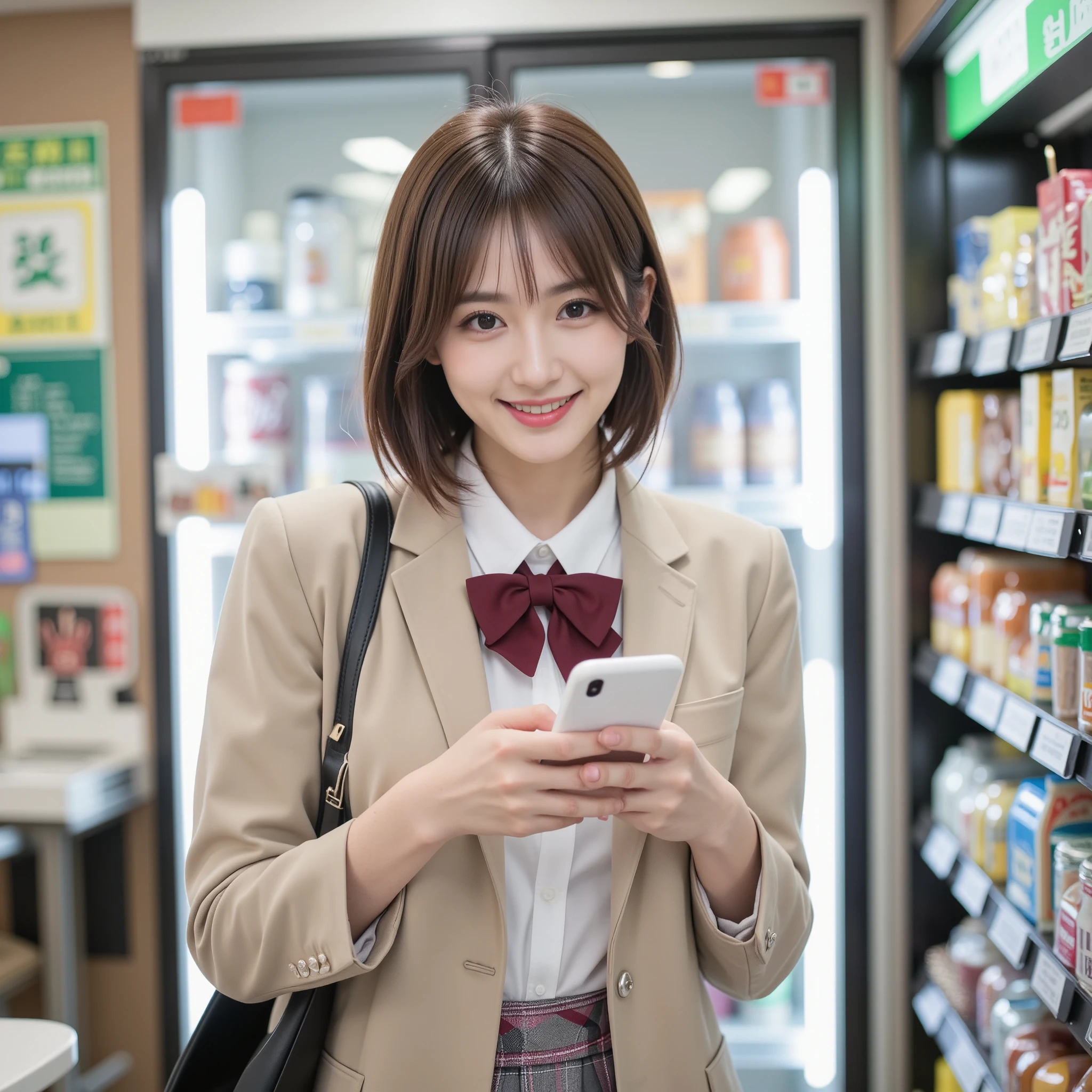 NSFW, (Uncensored), (Top Quality), (Ultra-Precise CG 16K Wallpaper), (Realistic), (High Saturation), (Sharp), (Triangular Composition), Beautiful Detailed Shading, Beautiful Natural Lighting, Beautiful Detail Glow, Natural Light, Depth of Field, Zoom In, (Mature 24-year-old Woman, One Person), (Beautiful Japanese Face), (Straight Short Bob Hairstyle with Bangs Down), (Shiny Brown Hair), (Sparkling Eyes), (C-Cup Size Breasts), (Beautiful Breasts), (Beautiful Legs), (Beautiful Skin), Beautiful Proportions, (Afternoon Sunlight), (The Woman is Smiling with Her Mouth Open: 1.1), (The Woman is Looking at me), (The woman is wearing a beige blazer, a white shirt, a wine-red bow tie, and a gray and pink tartan pleated miniskirt), (The woman is holding a smartphone), (A pose operating the smartphone), (A convenience store), (A shot of the woman from head to waist), (An image of the woman seen from three-quarters in front), (The woman is standing in a convenience store operating her smartphone),