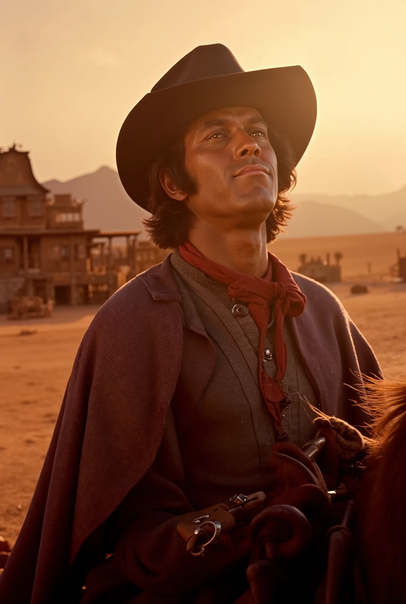 Un cow-boy imposant, la cinquantaine, creating an atmospheric halo, warm palette in shades of sepia. Son chapeau Stetson noir projette une ombre dramatique sur ses yeux perçants. with a chiselled and charismatic face, a red scarf tied around the neck. his undulating black mane In the warm breeze {x} is sitting on his shiny brown mustang {x} His faded denim shirt is slightly ajar {x} The golden dust dances in the light of the setting sun {x} The worn leather of his holster and saddle cracks in the heat {x} The worn leather of his holster and saddle cracks in the heat Overwhelming. in the background, un village western typique se dessine : saloon with swinging doors, sheriff's office, warm palette in sepia tones. wooden facades washed by the sun, creating an atmospheric halo. Des vautours planent en cercle dans le ciel orange strié de violet. The horse shakes, warm palette in shades of sepia. Au loin, des montagnes rocheuses se découpent contre l'horizon brûlant. Le cadrage est large et épique, cinemascope style. Grain de film prononcé, creating an atmospheric halo, ochre and amber, inspiration Sergio Leone