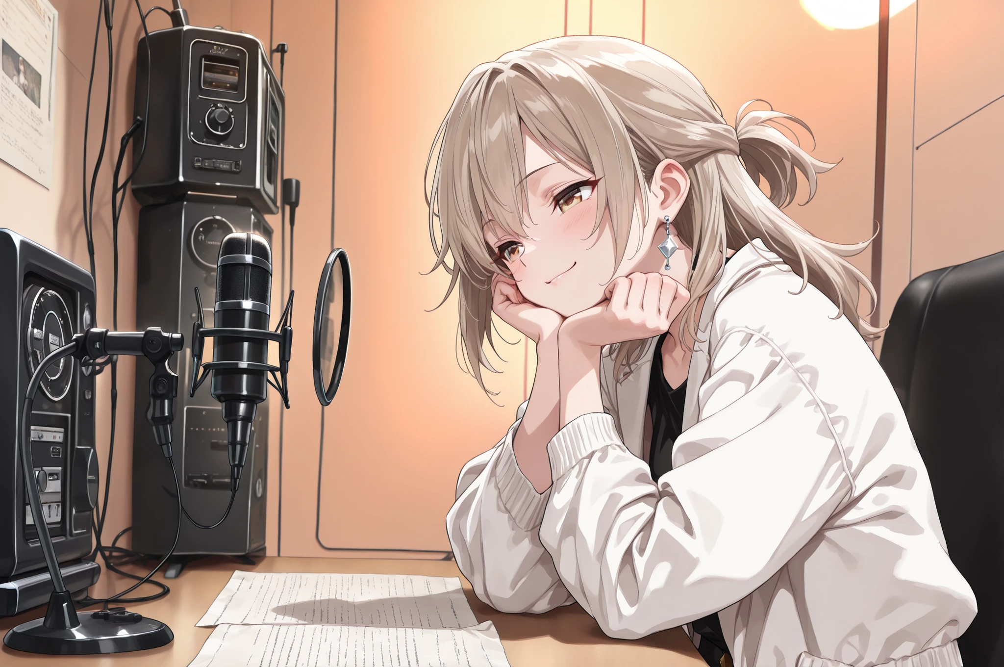 ((Best quality , 8k , Masterpiece:1. 3)) , Highly detailed face and skin texture , (Detailed eyes) , Anime style illustration, a 35-year-old female radio DJ sitting inside a radio booth. Light brown hair in a half-up hairstyle, wearing a white jacket, silver earrings. She is smiling gently, holding a printed paper with listener's email in her right hand. Her left hand is clenched softly, supporting her cheek like a chin rest. She is speaking toward a stand microphone placed on the table. The radio booth has soundproof walls, visible studio equipment, warm lighting, cozy atmosphere. Anime style, clean lines, vibrant yet soft coloring, expressive and cinematic composition.