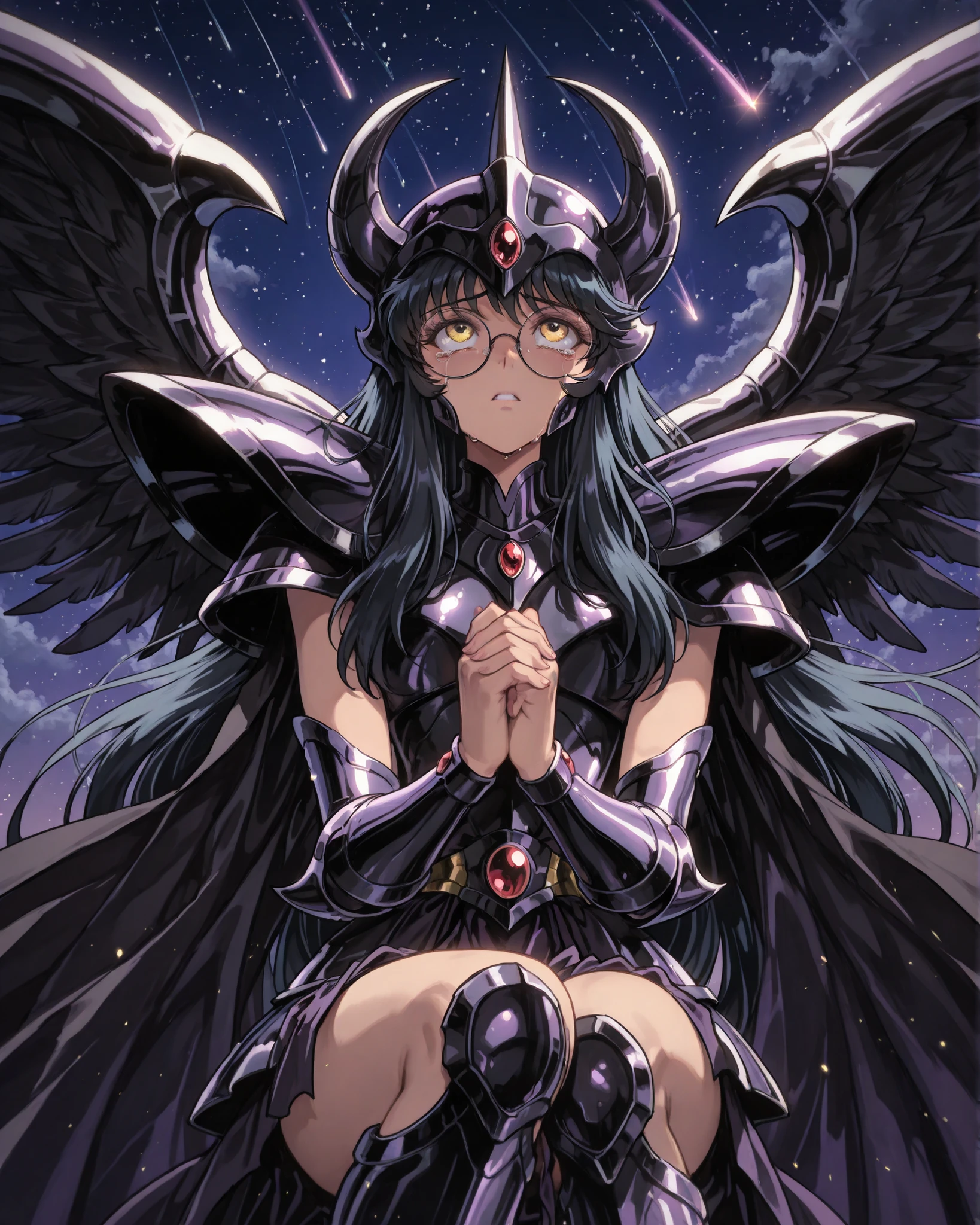 solo, black armor, Specter, Dark Knights, plupre armor,front angle, {1woman}:(a beautiful and attractive woman, with a sensual body, expressive yellow eyes, short black hair, round face with round prescription glasses, wearing the sinister and elegant Saint Seiya Griffin Surplice, black with deep purple metallic highlights, decorated with sharp, curved and pointed edges, the chest plate features a griffin motif with outstretched wings, the shoulder pads are large and imposing with sharp angles, and the helmet covers most of the face, leaving only the eyes shining menacingly, with intricate engravings and gothic patterns, dark cape fluttering behind, on her knees praying, tears streaming from her eyes, looking up), neutral background, night sky with a lone shooting star, perfect lighting creating shadows