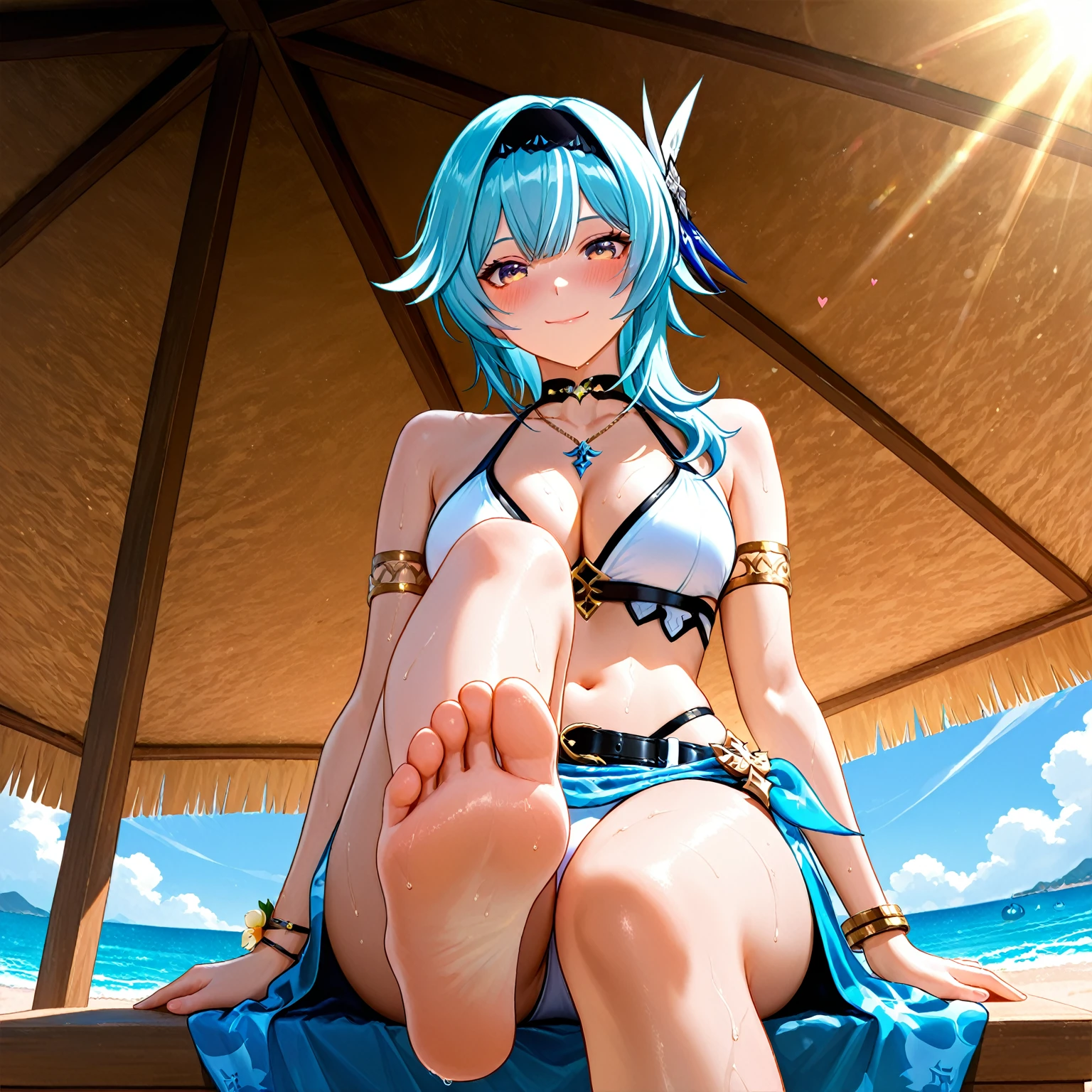 Highest quality, masterpiece, figure, wallpaper,One girl, Beautiful detailed girl, Highly detailed eyes and face, Beautiful attention to detail, Shine,Browsing Caution, View your viewers, Blue Eyes, Side Up,Beautiful green hair, Thighs, Large Breasts, ,beautiful finger, clear background, deep night、Big earrings、bracelet、Gal、summer、Ocean、sunlight,Swimwear, sitting on the beach