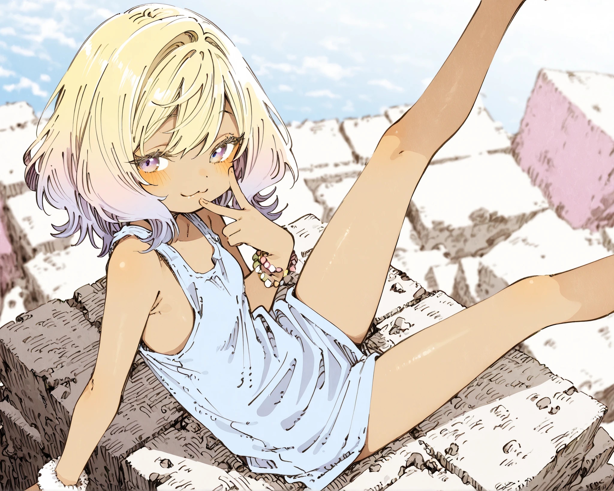 ((Abara Heiki Style)), ((Masterpiece)), ((best quality, amazing quality)), ((very aesthetic, absurdres, newest)), ((detailed background, negative space, blurry background, depth of field)), (dynamic angle, from side, from above, wide shot), ((1girl)), Cute young Girl, ((beautiful brown skin)), (Healthy Gaunt body, Textured skin, small , tilt head), (pale purple eyes, gradient eyes, averting eyes, looking at side), Glossy hair, loose swept bangs, (blonde hair, medium hair, loose pigtail, gradient hair, fluorescent-pink colors Hair Tip), big eyes, blush, (:3, smile), (cute cheeks), glossy lips, (lower eyelashes), BREAK, (cute pale-blue tanktop, ragged tanktop), fuzzy plaid short, arms, Fine gemstone bracelet, (v over mouth), leaning back, loose sitting on pile of rubble, summer day, (outstretched one leg up, Midsummer, the Cafe Terrace, outdoor), sun ray,