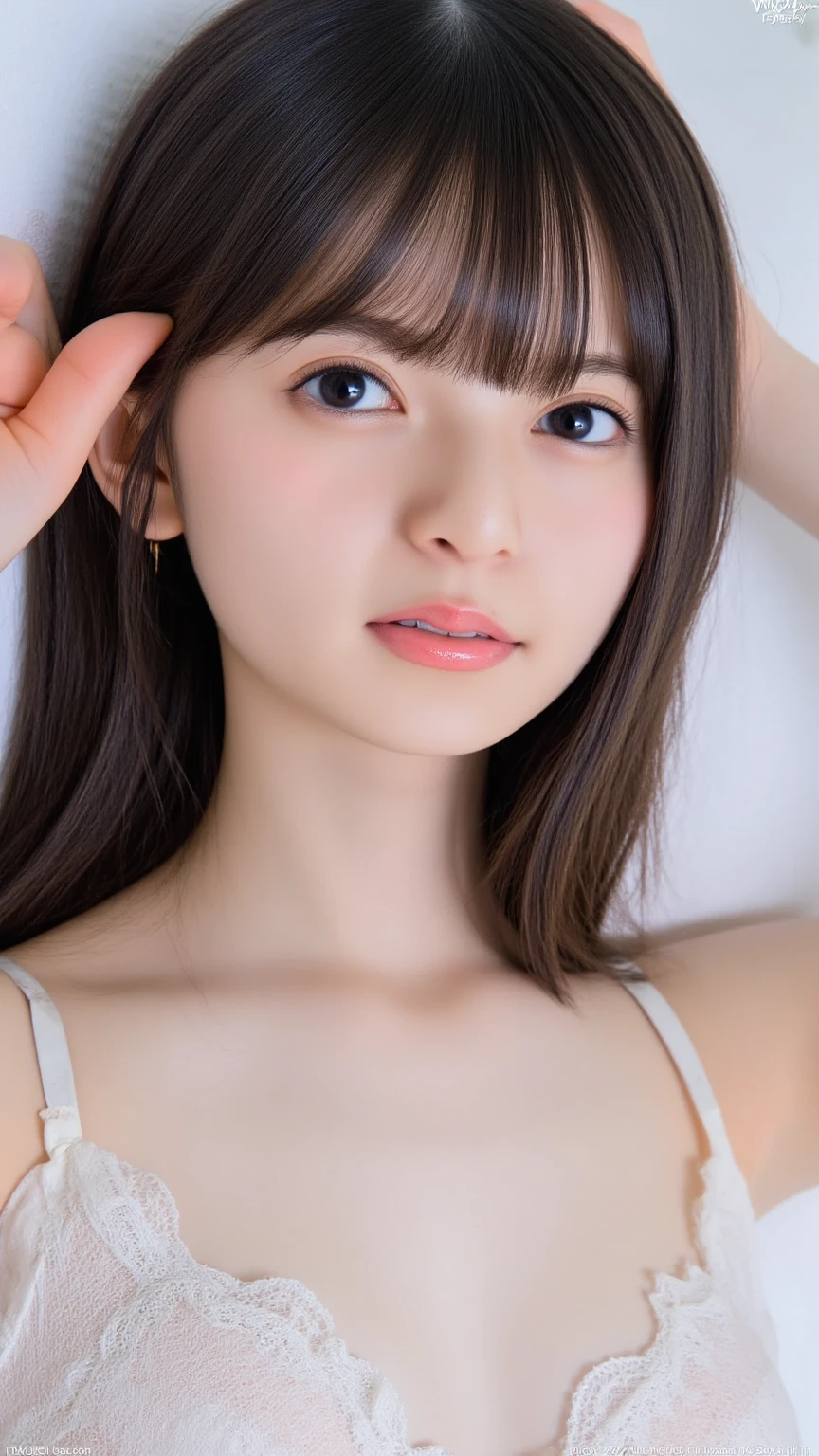 masterpiece, highest quality, 8k,Ultra-high resolution、Head to knee photo、 20th Generation, Large Breasts, cute, alone, sad, cute, girly, cute、Delicate girl, Pure beauty, RAW Photos, Professional photography, Soft Light, Professional Lighting, Backlight, avert your eyes, Sophisticated, Film Grain, (Eye and facial details:1.0), Floating Hair、Messy Hair、Wavy long hair、Asymmetrical bangs, Round face、Young Face、(Large Breasts:1.4)、nipple protrusions are clearly visible,、(Greyish pink lingerie)、Voluptuous thighs、Translucent white skin、dolly make、(Odd Eye、Different iris colors in each eye)