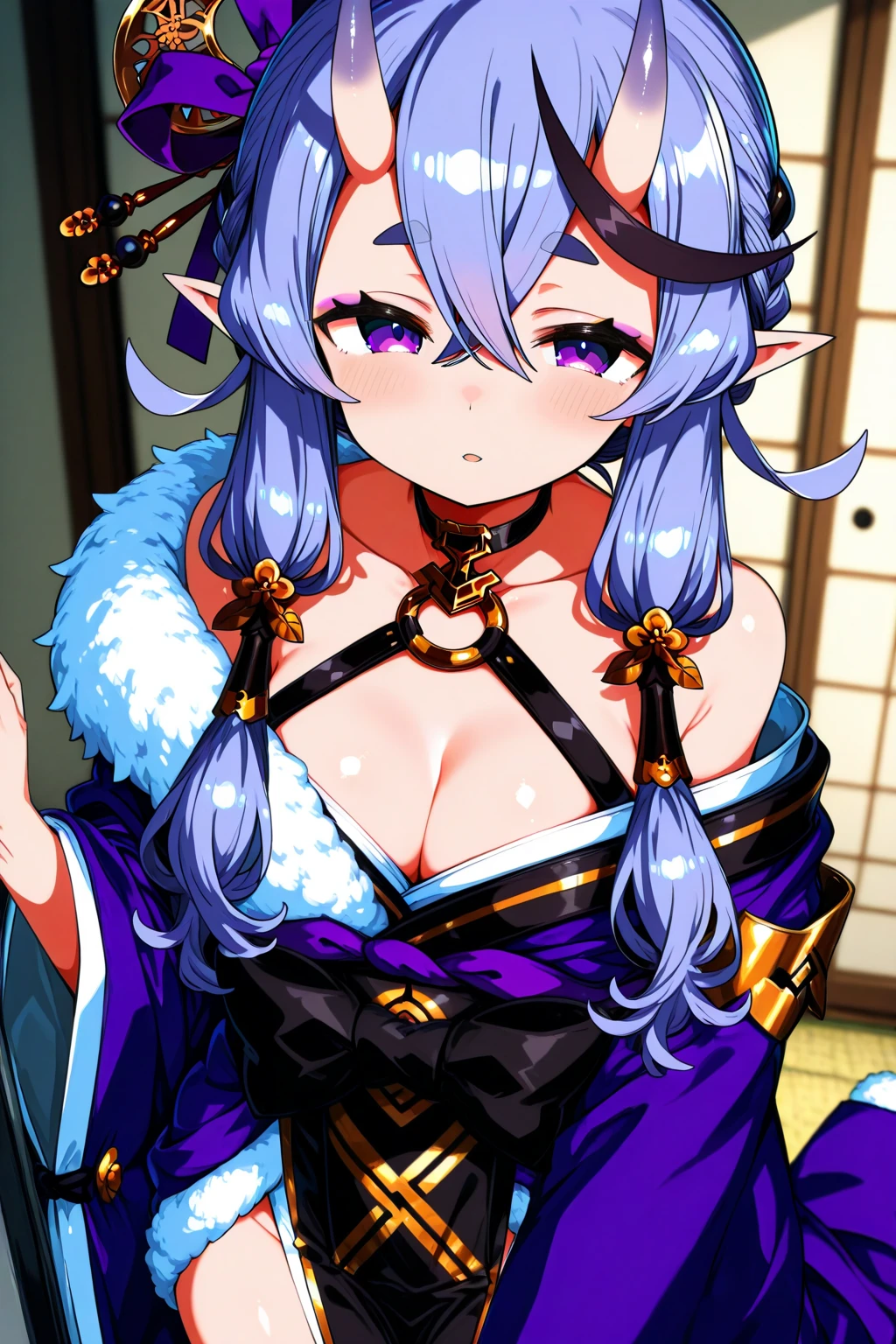 best quality, masterpiece,   < <lora:2024writing:1>,2024_body_writing, 1girl, elira_pendora, elira_pendora_\(2nd_costume\), solo, heterochromia, holding, holding_paintbrush, smile, fang, blue_hair, short_hair, large_breasts, breasts, nipples, official_alternate_costume, jewelry, virtual_youtuber, necklace, wings, absurdres, bare_shoulders, blue_eyes, chinese_zodiac, egasumi, fur_trim, head_wings, highres, japanese_clothes, key, looking_at_viewer, naokomama, nijisanji, nijisanji_en, open_clothes, paintbrush, pointy_ears, simple_background, year_of_the_dragon