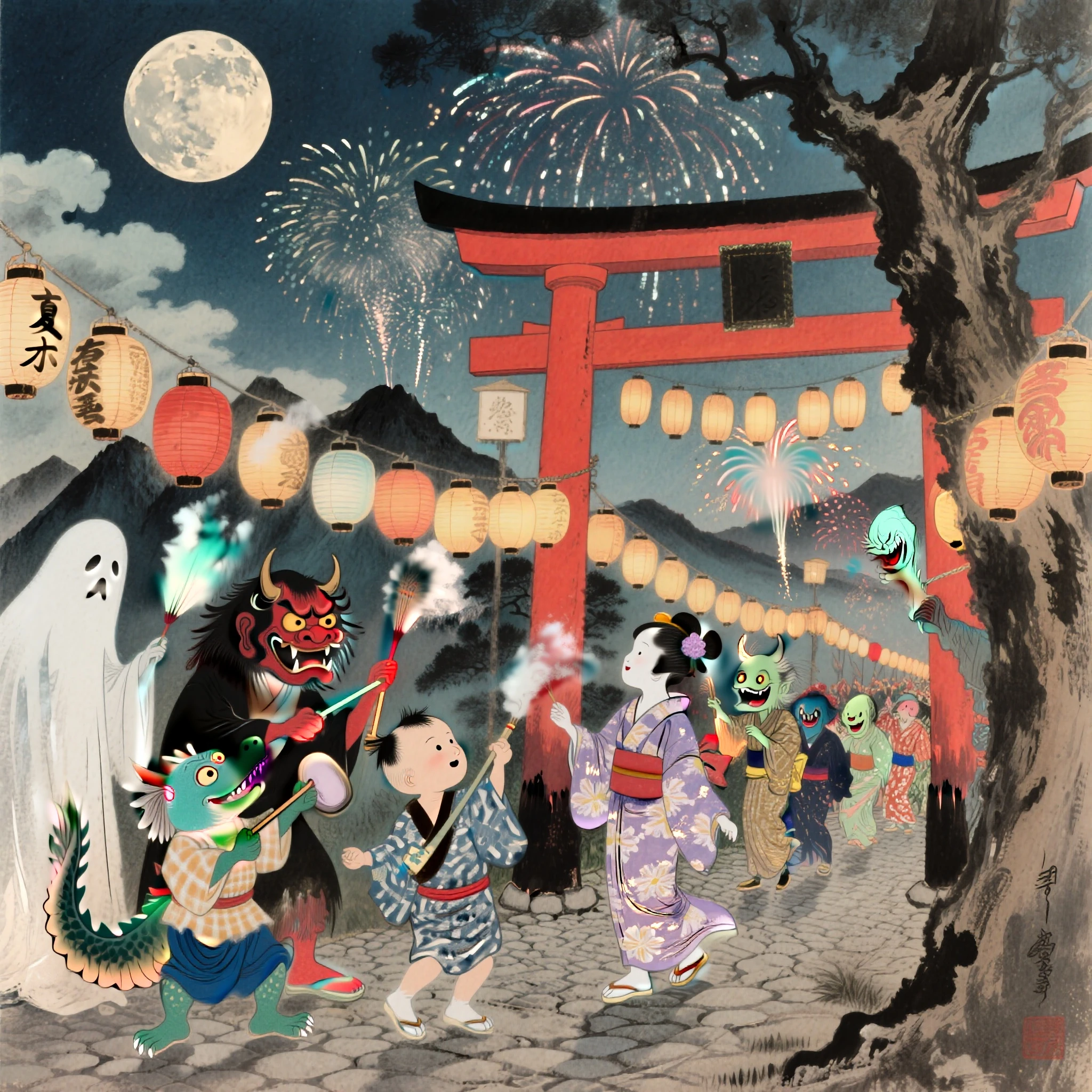 最高品質、日本画のスタイル、浮世絵時代、インクペイントタッチ、妖怪の夏祭り、揺れる提灯の灯、kappa、意気込みキッズ、座敷童、彼らは、山姥 ...